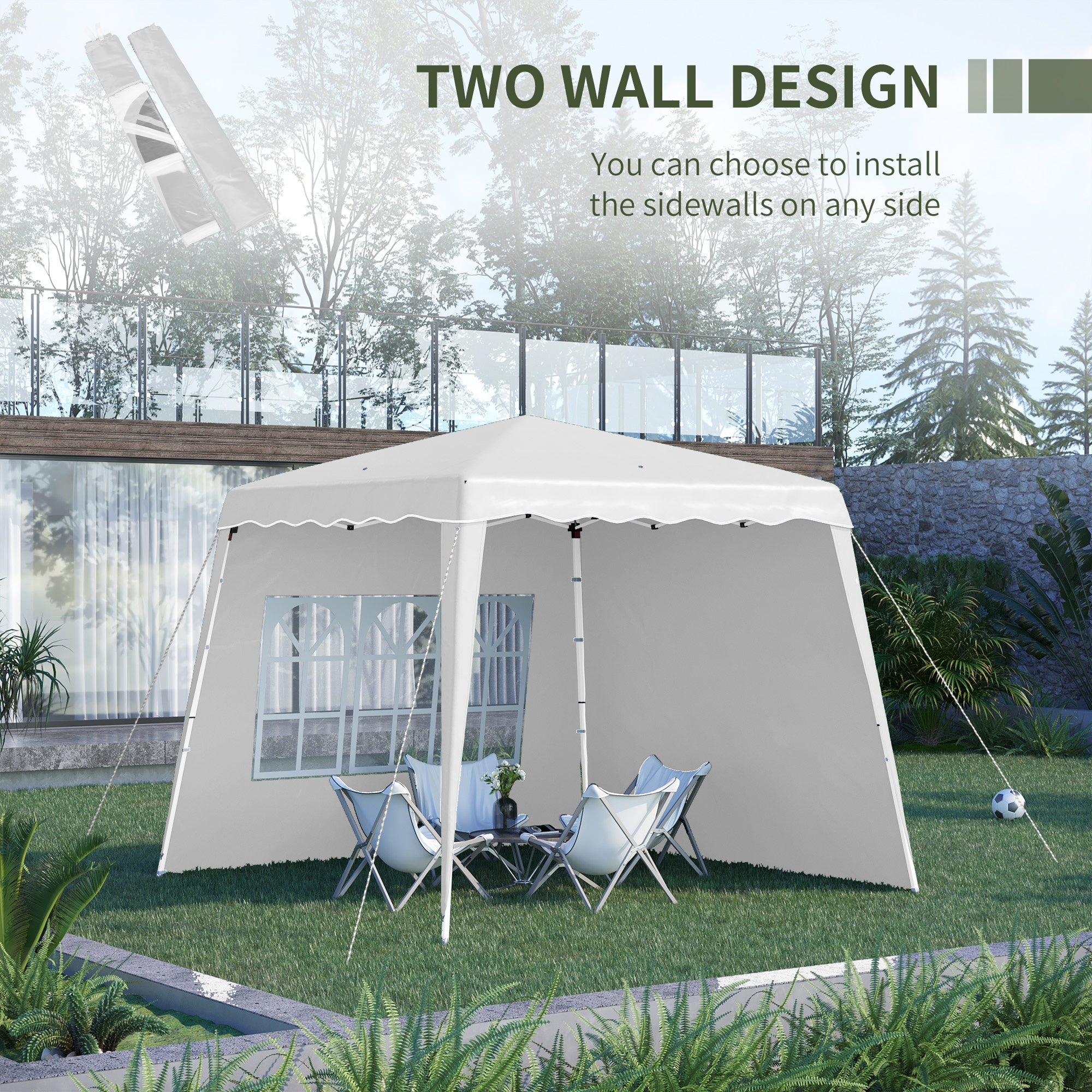 Outsunny Pop Up Gazebo with 2 Sides, Slant Legs and Carry Bag, Height Adjustable UV50+ Party Tent Event Shelter for Garden, Patio, 2.4 x 2.4m Top / 2.9 x 2.9m Base, White - North Peak Garden Furniture