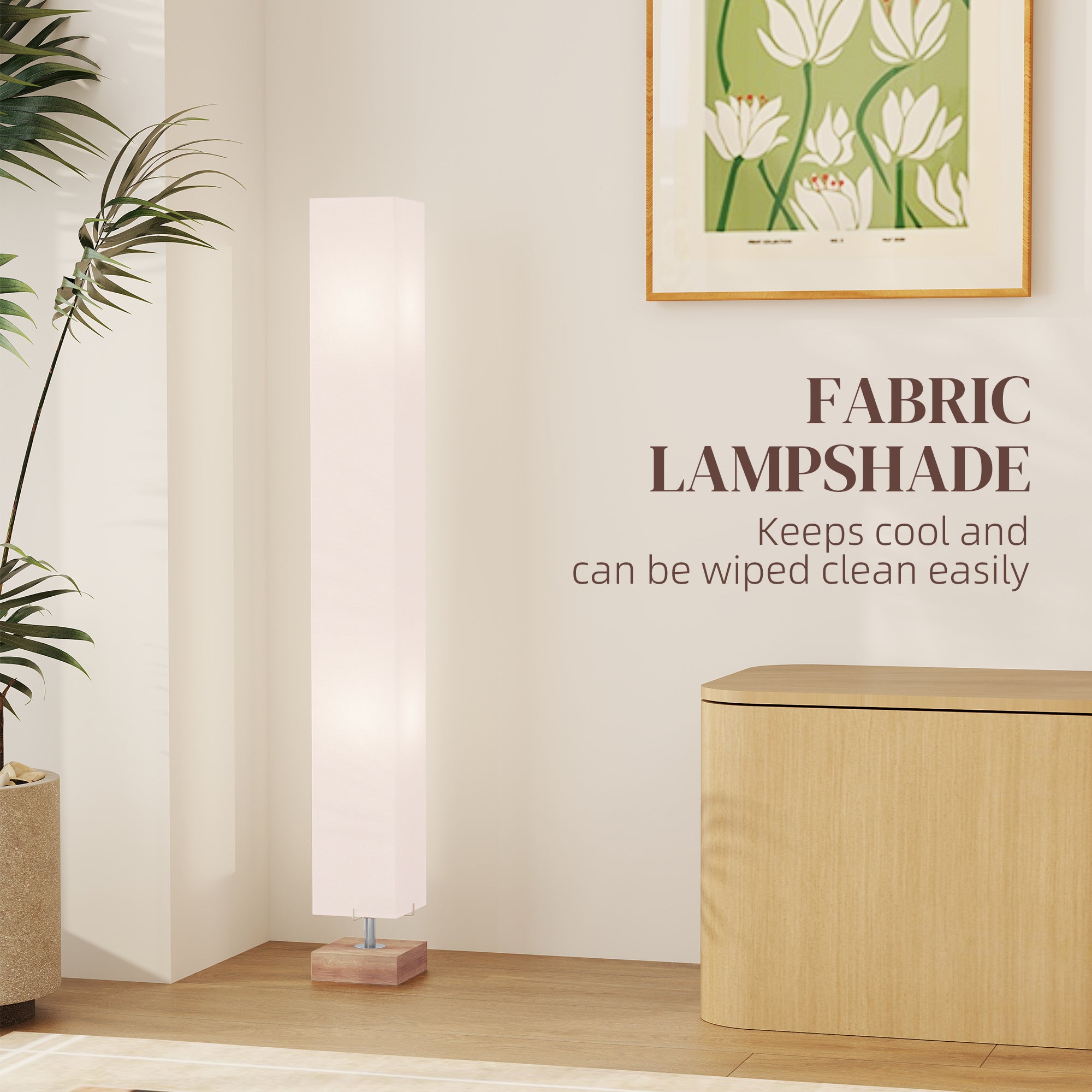 HOMCOM 120cm Tall Linen Floor Lamp w/ Wood Base Steel Frame 2 Bulbs Home Lighting Soft Atmospheric Stylish Modern Bedroom Land Cream - North Peak Garden Furniture