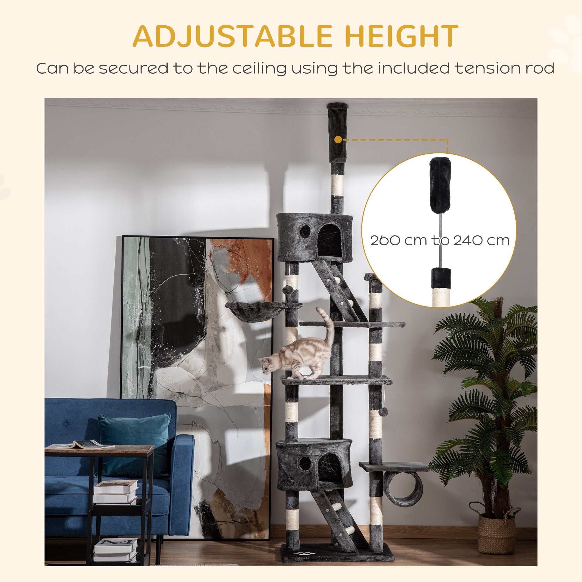 PawHut Floor-to-Ceiling Cat Tree for Indoor Cats, 240-260cm Adjustable Cat Tree - Dark Grey - North Peak Garden Furniture