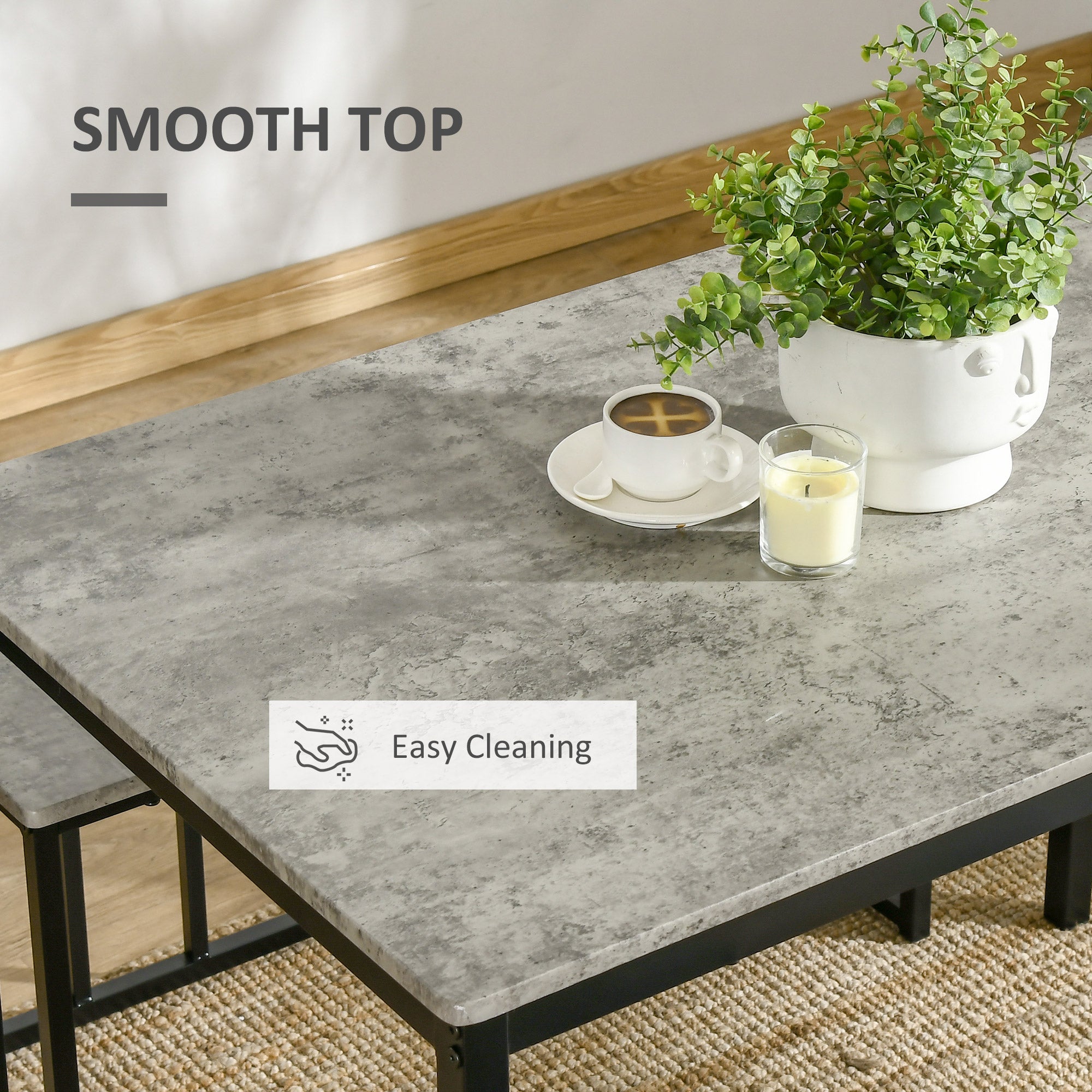 HOMCOM Dining Table and Chairs Set for 4 People, Concrete Effect Kitchen Table and Bench Set with Steel Frame, 4 Piece Dining Room Sets, Grey - North Peak Garden Furniture