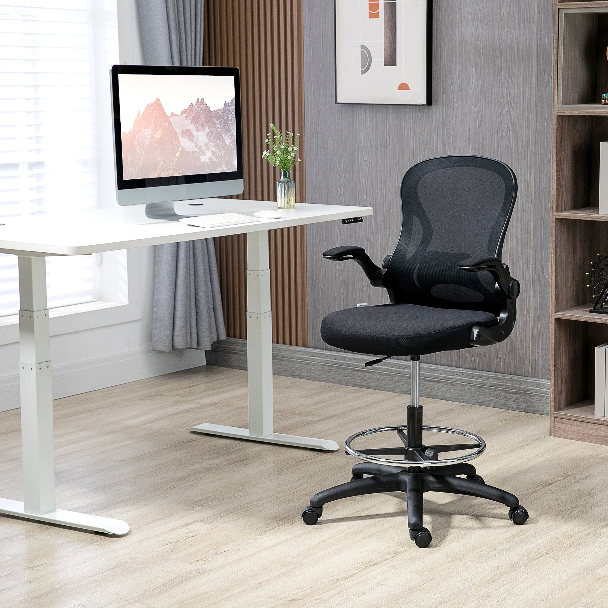 Vinsetto Adjustable Mesh Standing Desk Chair with Flip-up Armrests Lumbar Support Armrests Adjustable Footrest Ring Black - North Peak Garden Furniture