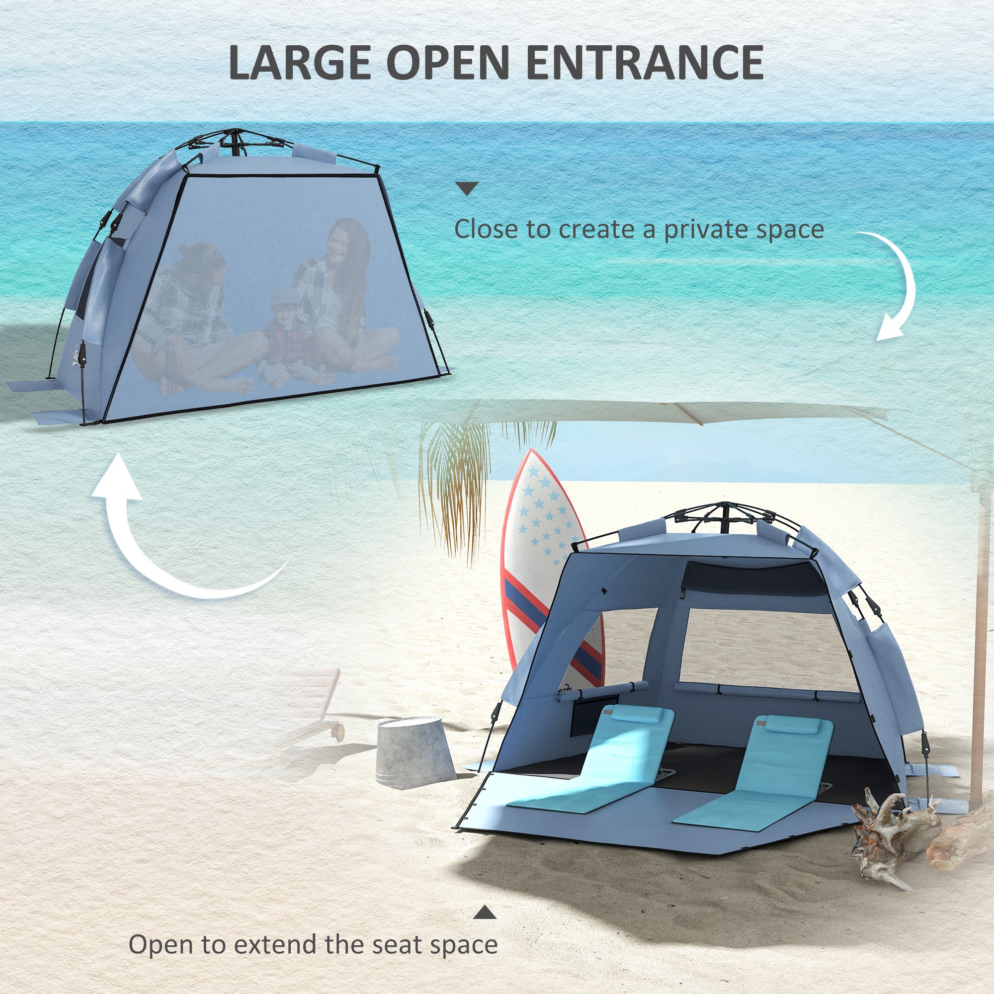 Outsunny 2-3 Person Pop Up Beach Tent, UPF15+ Sun Shelter with Extended Floor, Sandbags, Mesh Windows and Carry Bag, Light Blue