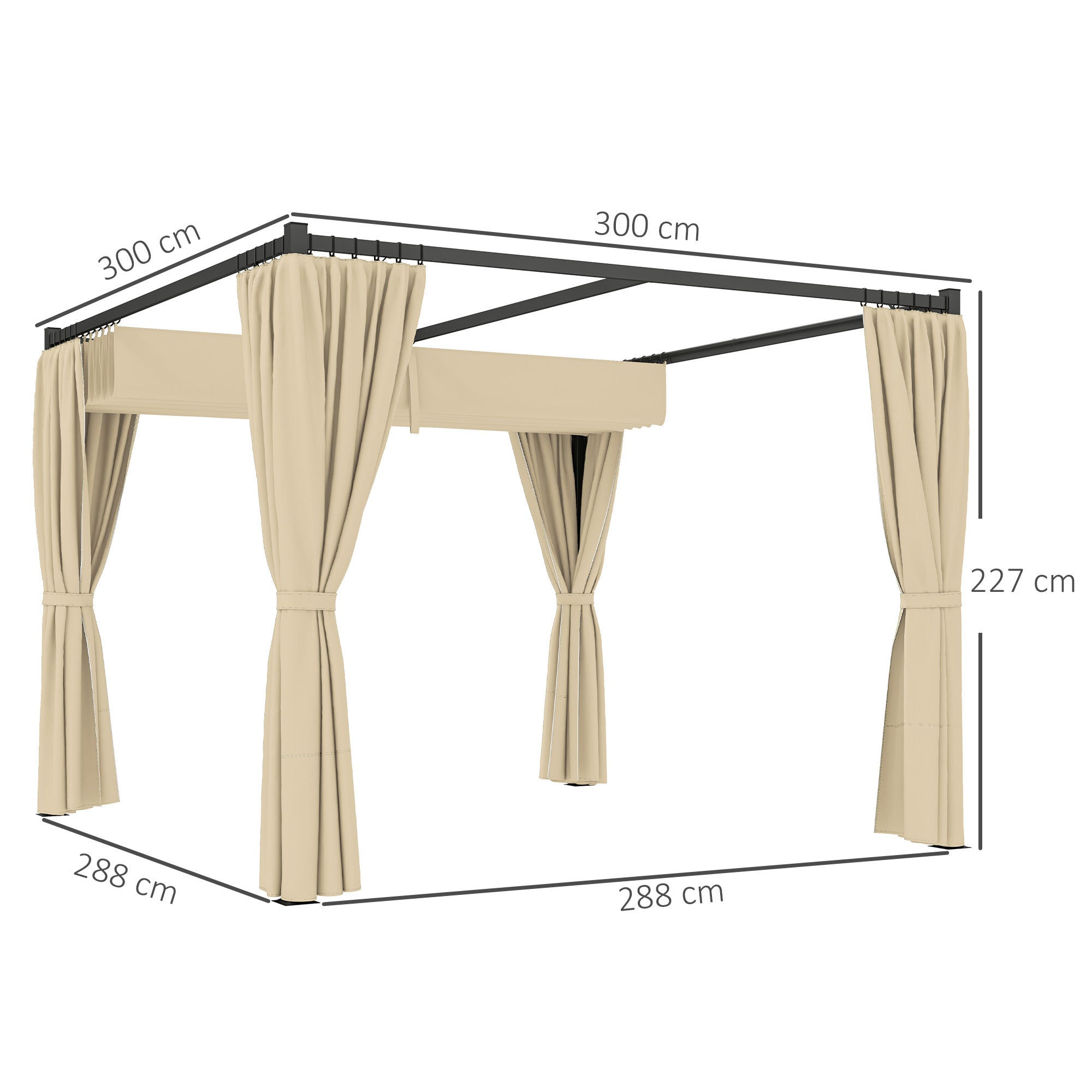 Outsunny 3 x 3m Retractable Roof Pergola, with Curtains - Khaki - North Peak Garden Furniture