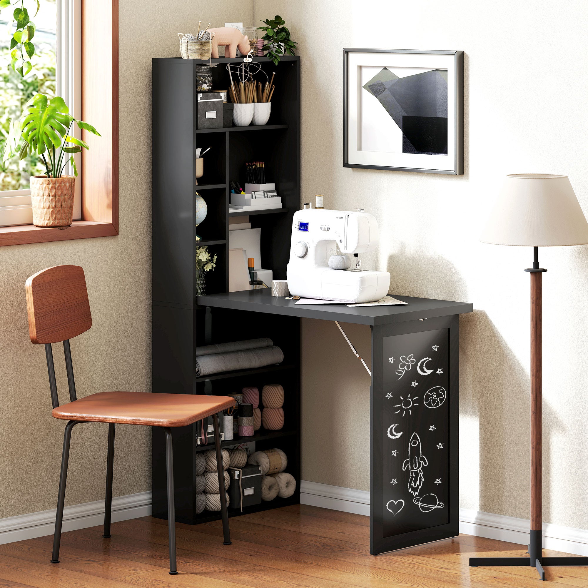 HOMCOM Three-Part Work Desk, with Storage and Chalkboard - Black