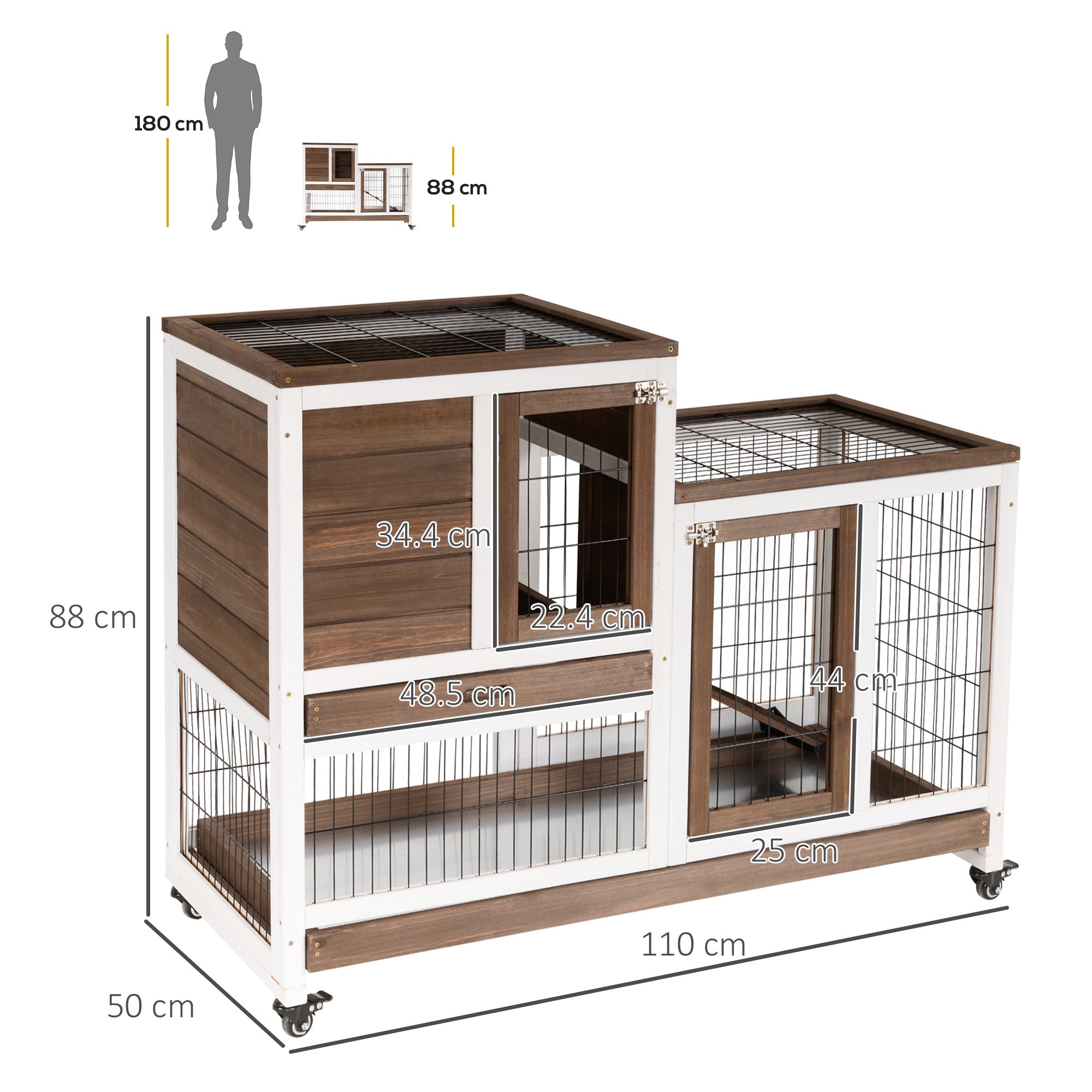 PawHut Two-Tier Rabbit Hutch Pet Cage, with Wheels - Brown - North Peak Garden Furniture