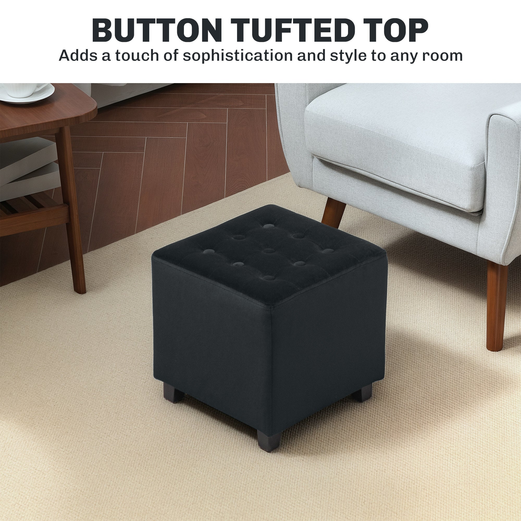 HOMCOM Velvet-Feel Square Ottoman - Grey - North Peak Garden Furniture