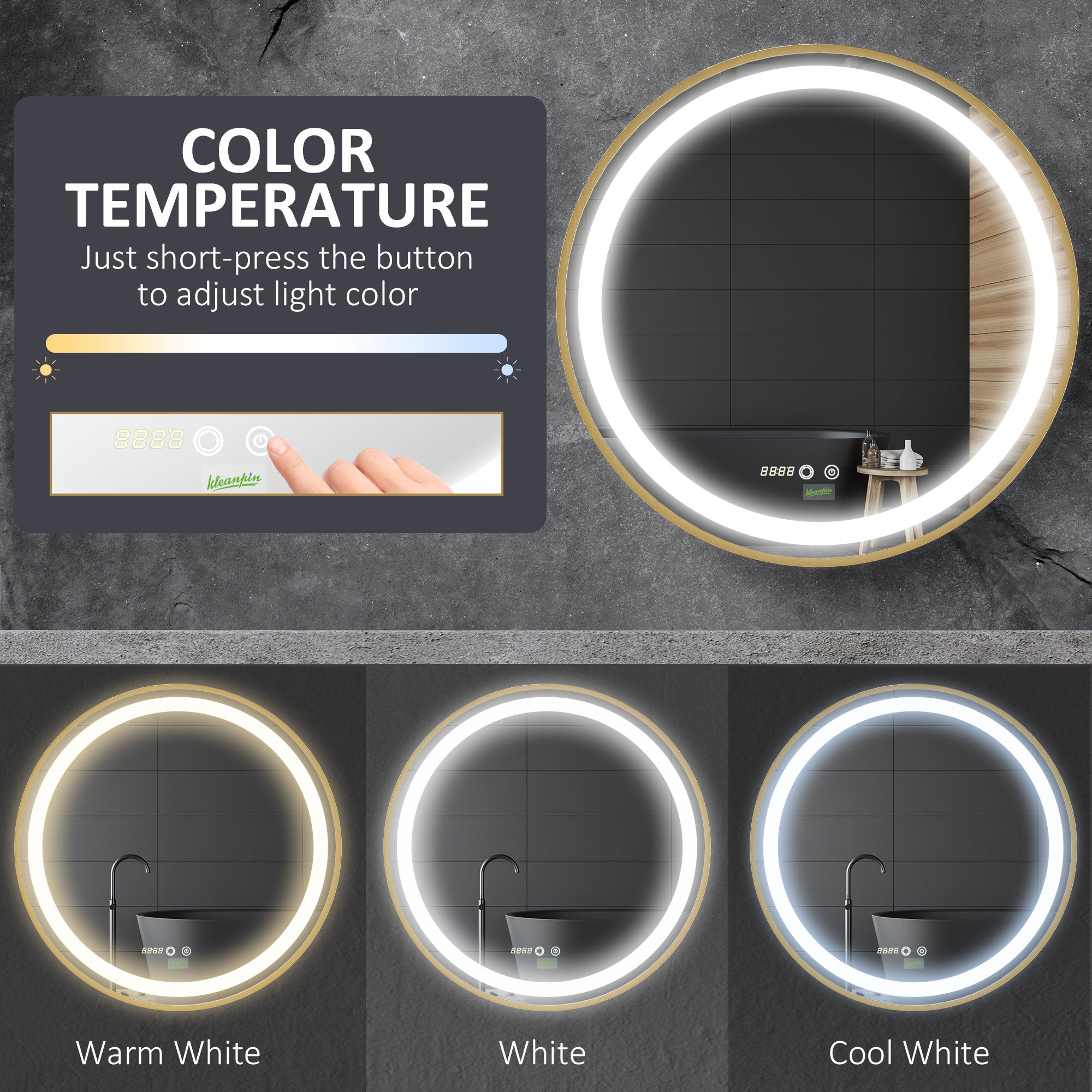 kleankin Round LED Bathroom Mirror, Dimmable Lighted Wall Mount Mirror with 3 Colours, Time Display, Memory Function, Hardwired - North Peak Garden Furniture
