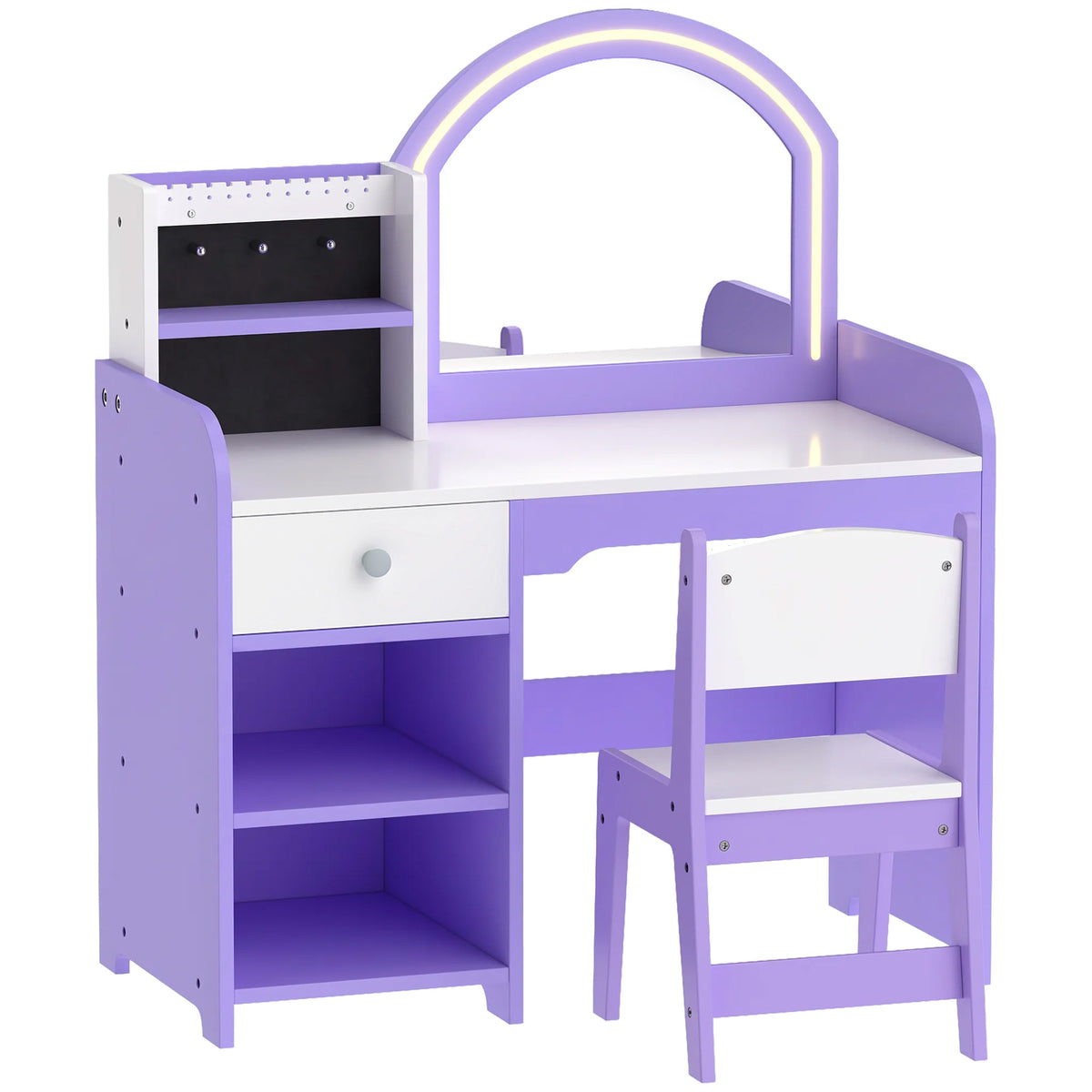 AIYAPLAY Kids Vanity Set, Girls Dressing Table with Stool, 2-Colour Lights Mirror, Pretend Dresser Gift for Ages 3-8, Purple