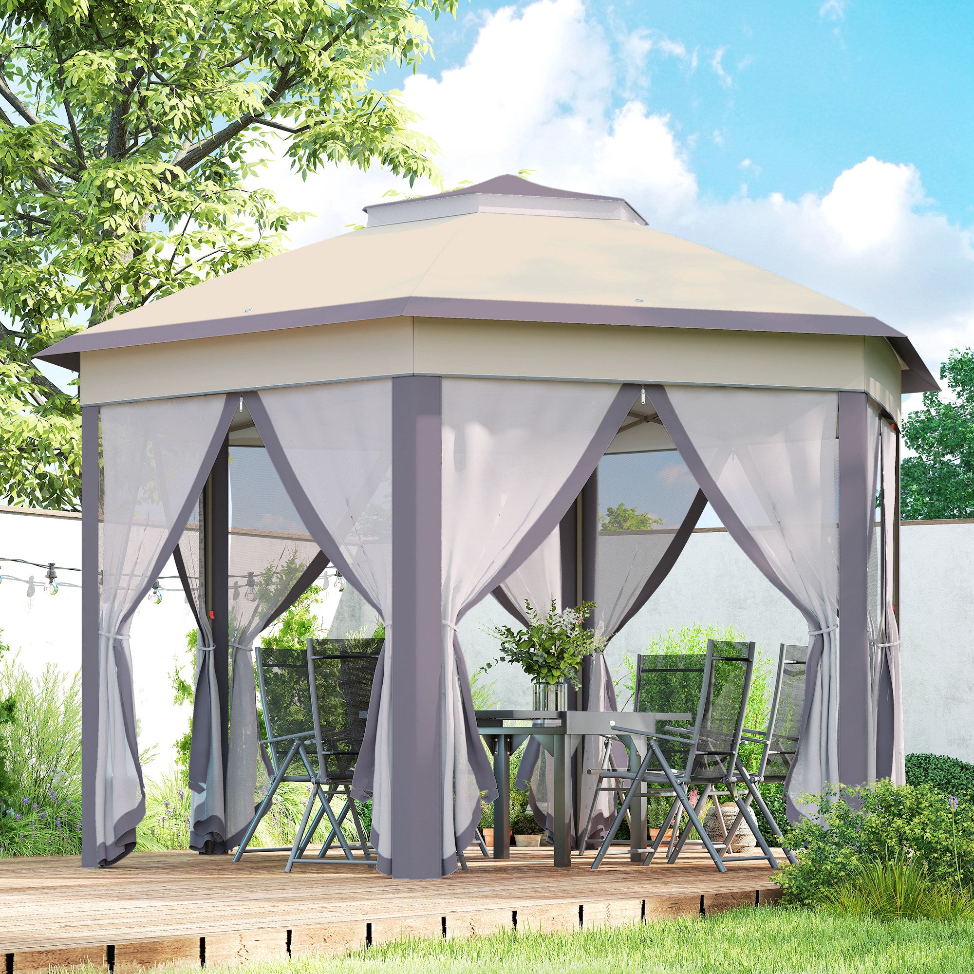 Outsunny Hexagon Garden Gazebo Pop Up Gazebo Outdoor Patio Double Roof Instant Shelter with Netting, 3 x 4m, Beige
