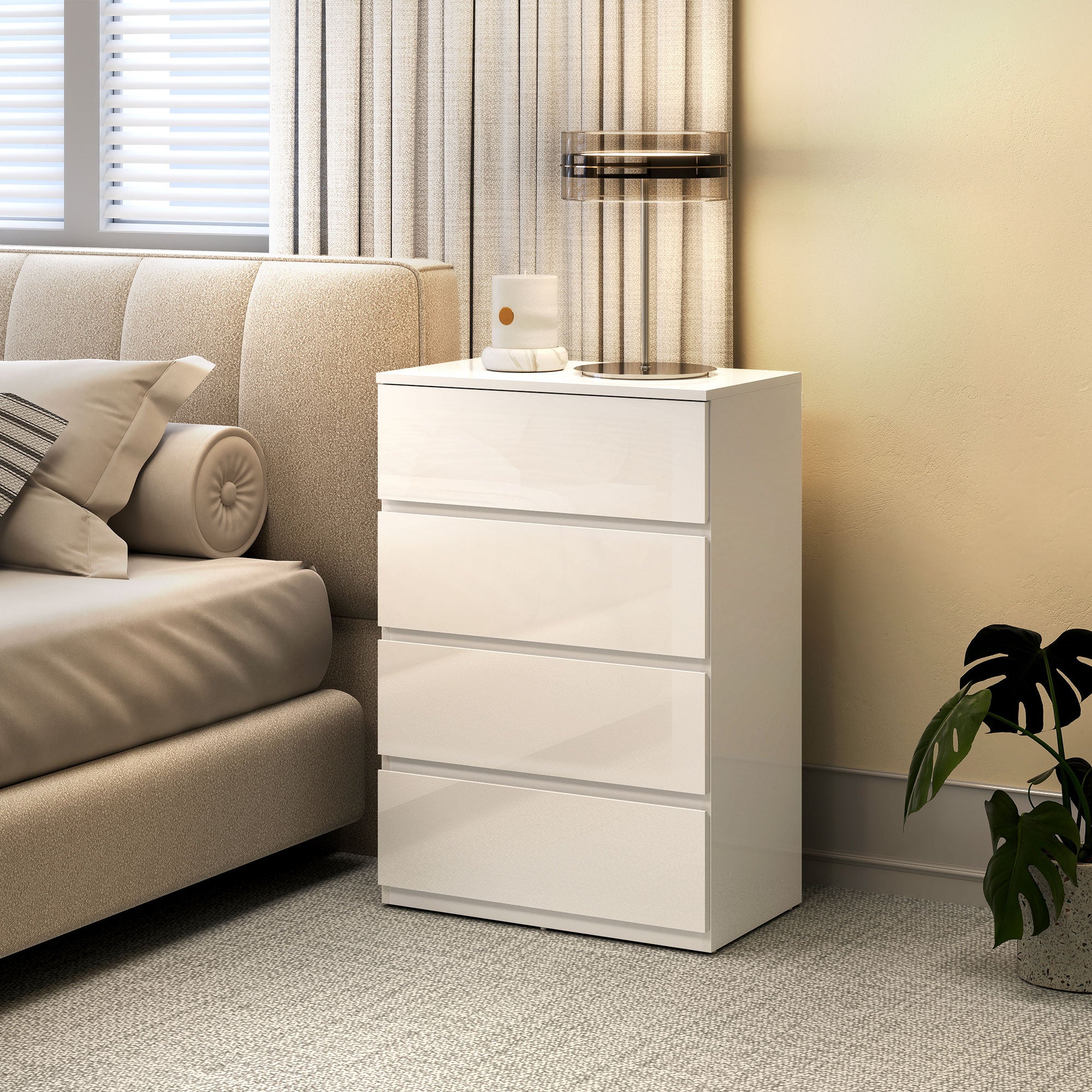 HOMCOM High Gloss Chest of Drawers, 4-Drawer Storage Cabinets, Modern Dresser for Bedroom, White