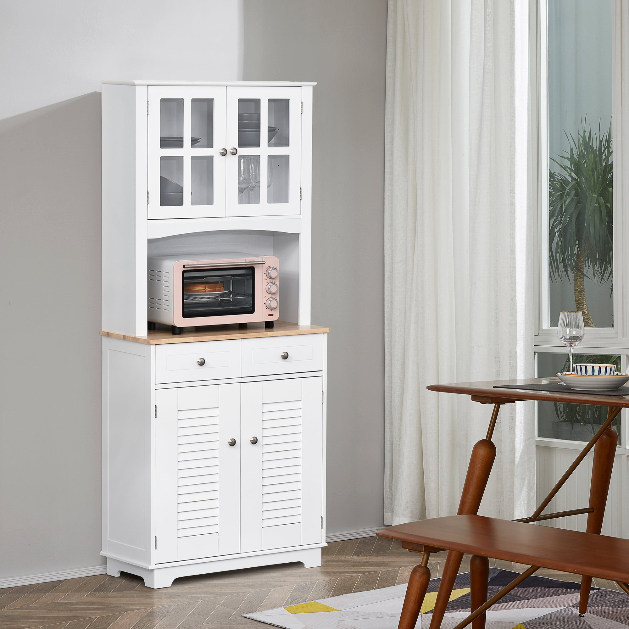 HOMCOM Modern Kitchen Cupboard, Louvered Kitchen Storage Cabinet with Framed Glass Doors and 2 Drawers, White - North Peak Garden Furniture