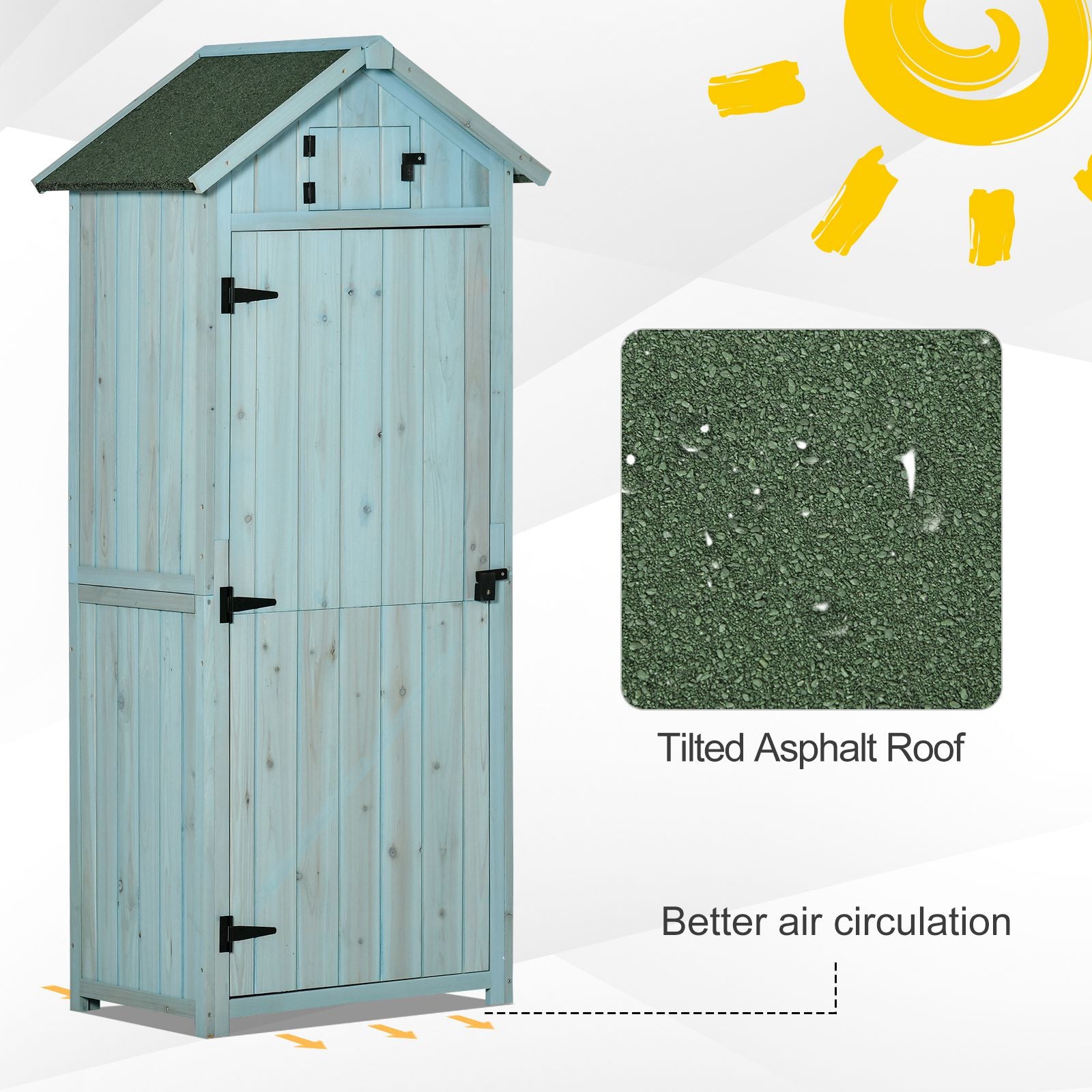 Outsunny Garden Shed Vertical Utility 3 Shelves Shed Wood Outdoor Garden Tool Storage Unit Storage Cabinet, 77 x 54.2 x 179cm - Blue - North Peak Garden Furniture