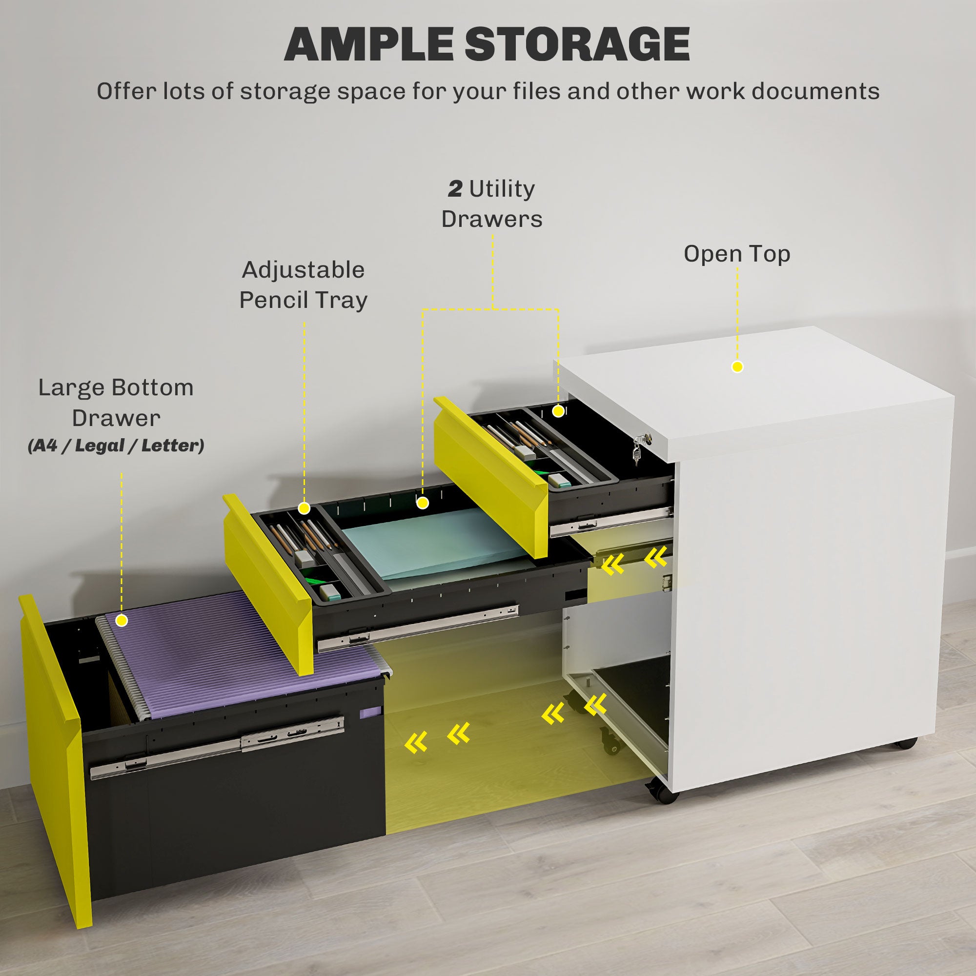 Vinsetto 3 Drawer Filling Cabinet, Mobile Metal File Cabinet with Anti-tilt Design for Letter, A4, Legal Size, Yellow - North Peak Garden Furniture