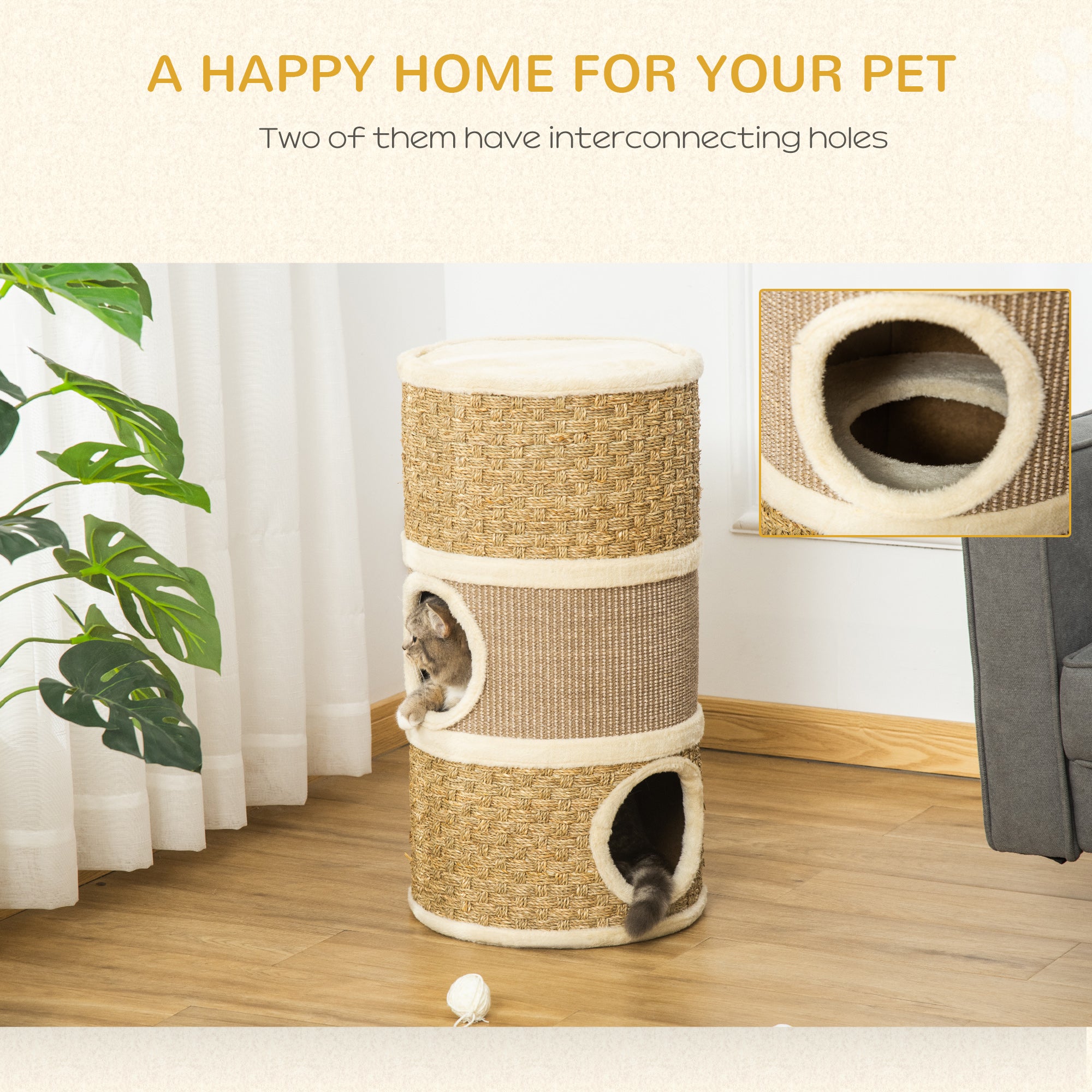 PawHut Cat Scratching Barrel Kitten Tree Tower for Indoor Cats Pet Furniture Climbing Frame Covered with Sisal and Seaweed Rope Cozy Platform Soft Plush - North Peak Garden Furniture