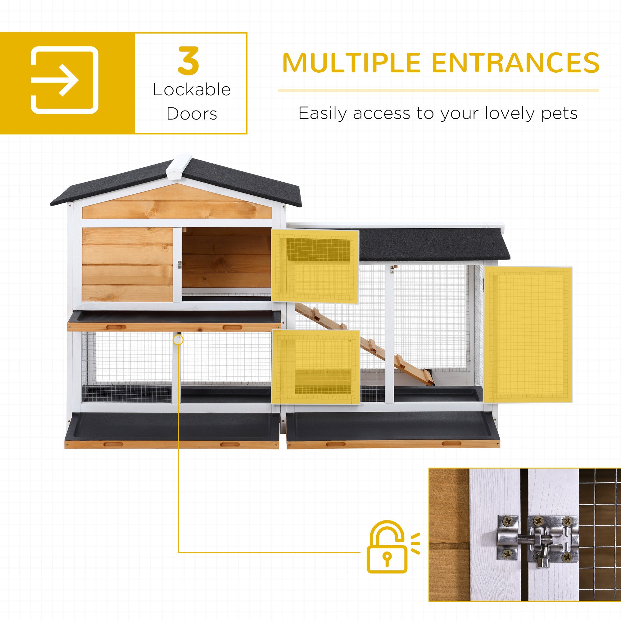 PawHut Rabbit Hutch Guinea Pig Hutch Wooden House with Run, 2 Tier Pet Cage Outdoor with No-leak Plastic Trays, 157.4 x 53 x 93.5cm, Yellow - North Peak Garden Furniture