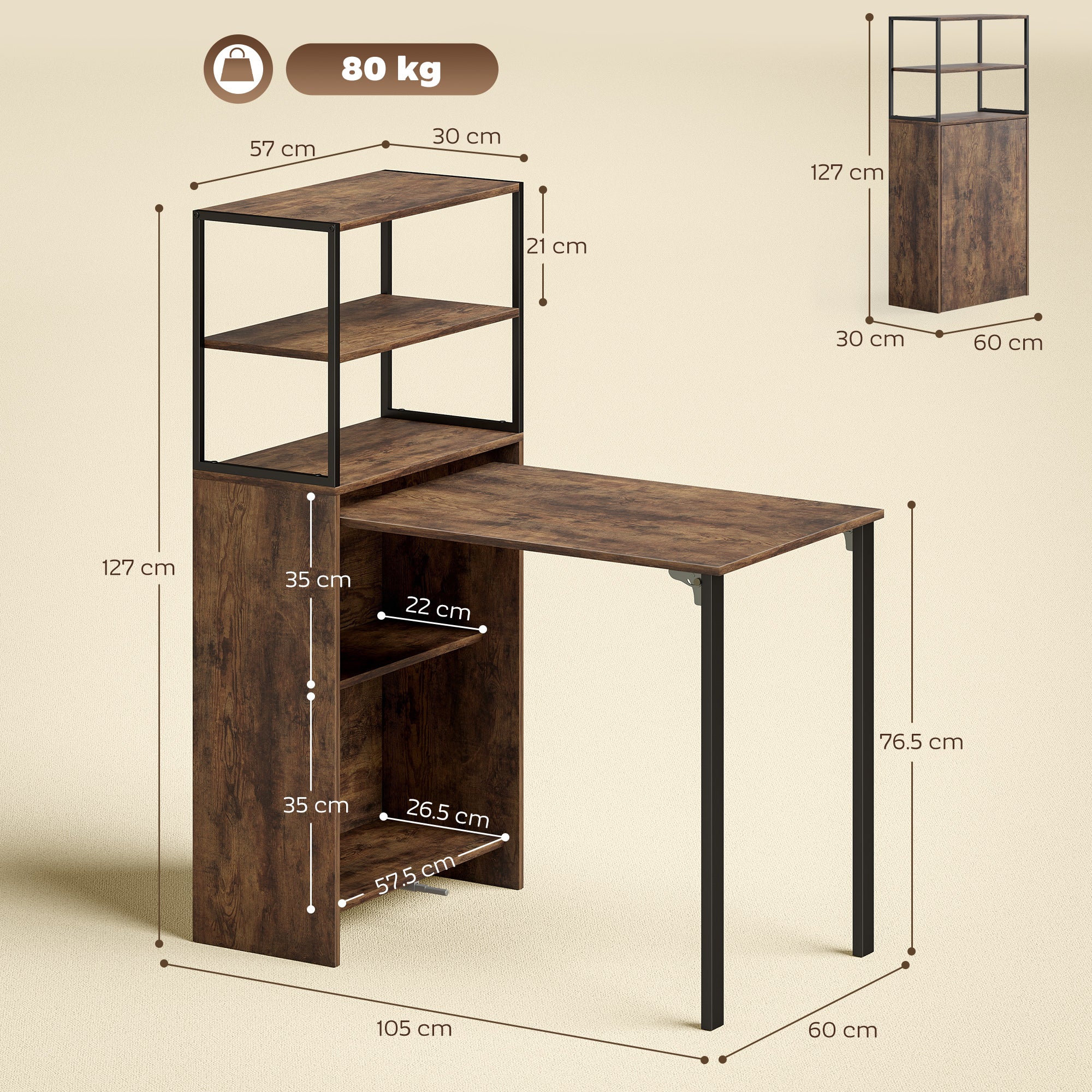 HOMCOM Folding Shelf and Work Table - Brown/Black