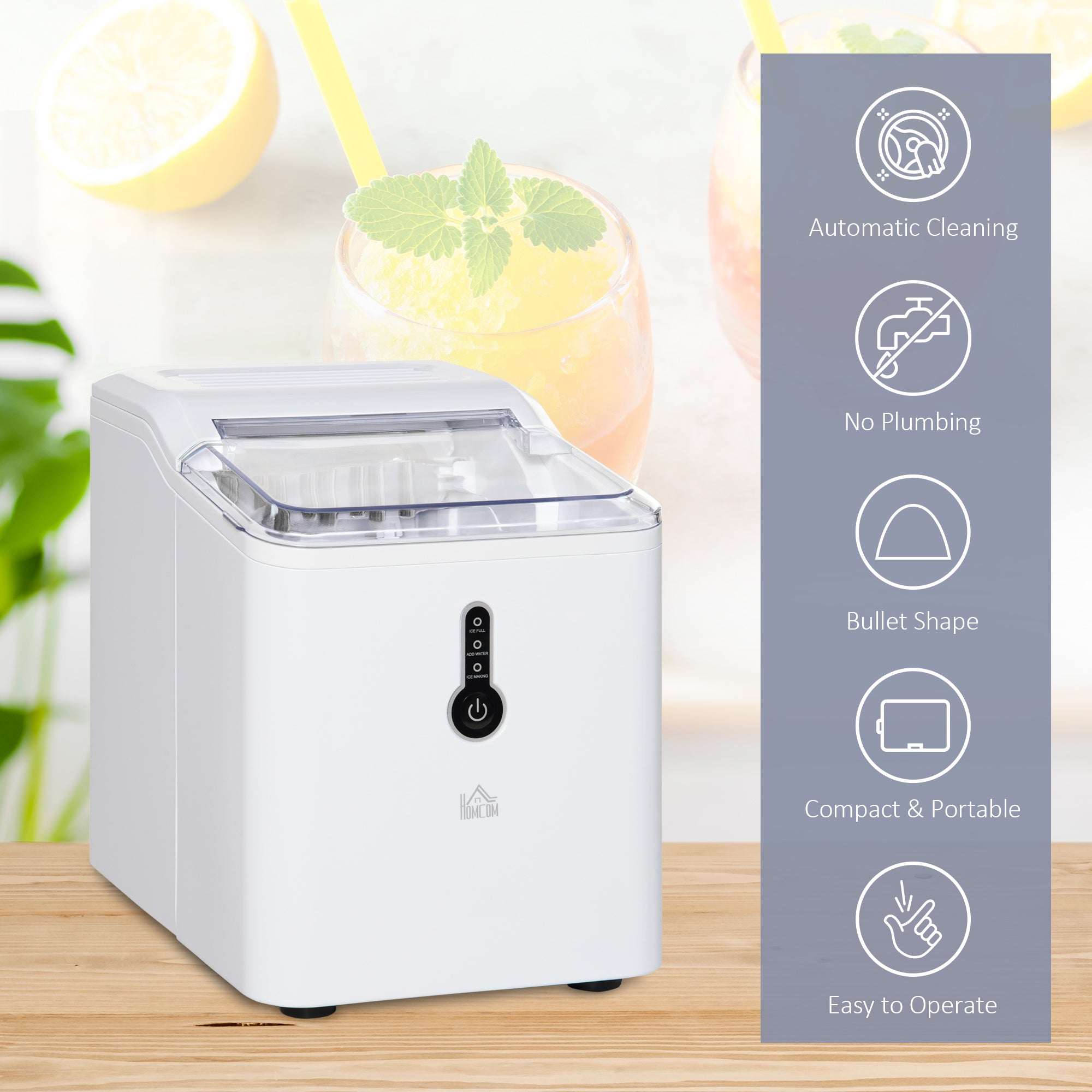 HOMCOM Ice Maker Machine, 1.5L Countertop Ice Cube Maker with Self-Cleaning, 9 Cubes Ready in 8 Mins, 12kg in 24 Hrs, No Plumbing with Basket, White