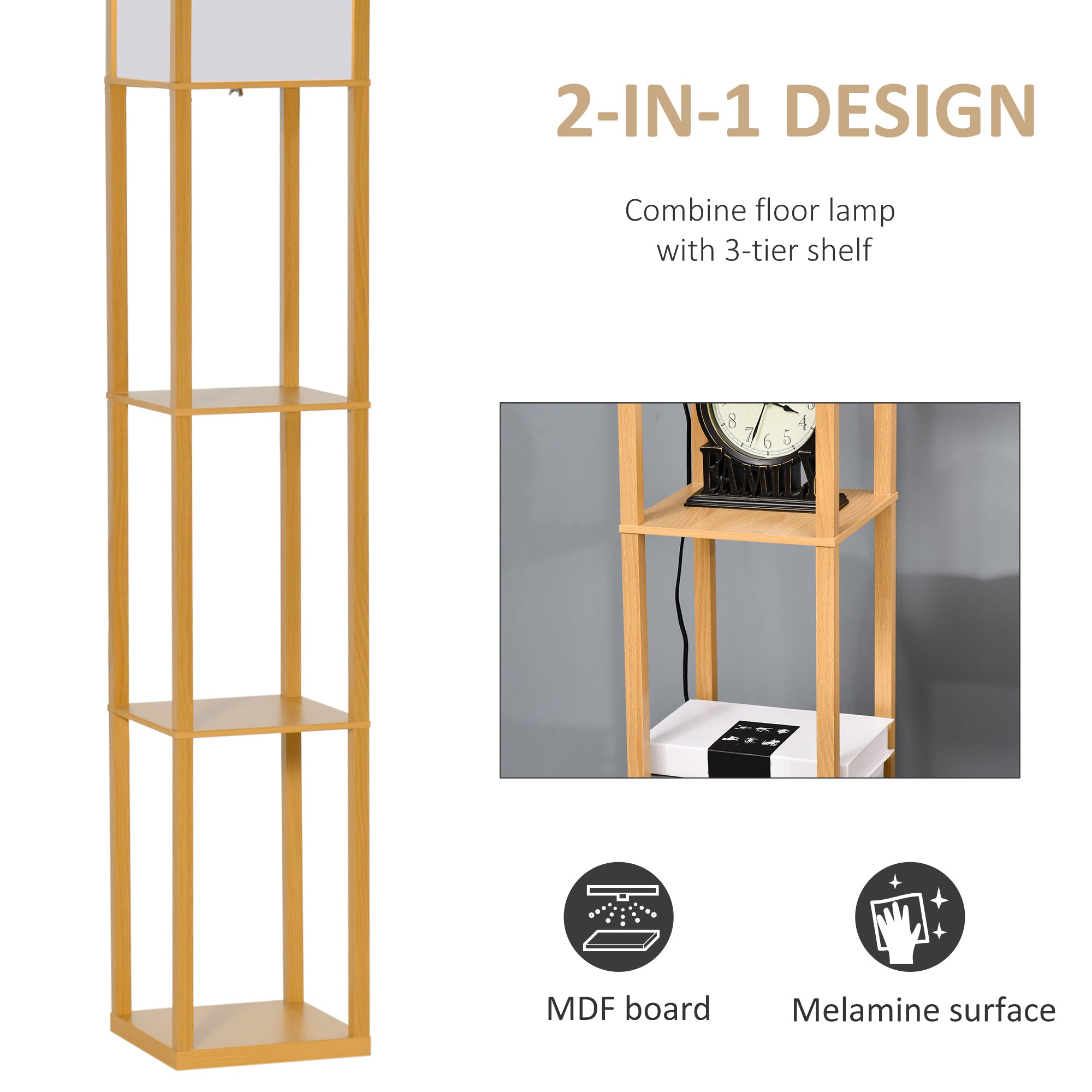 HOMCOM 3-Tier Floor Lamp, Floor Light with Storage Shelf, Reading Standing Lamp for Living Room, Bedroom, Kitchen, Dining Room, Office, Dorm, 160cm, Natural - North Peak Garden Furniture