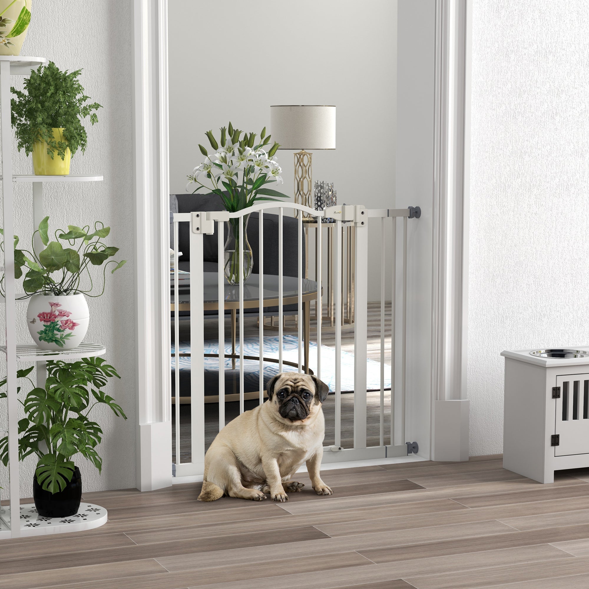 PawHut Metal 74-87cm Adjustable Pet Gate Safety Barrier w/ Auto-Close Door White - North Peak Garden Furniture