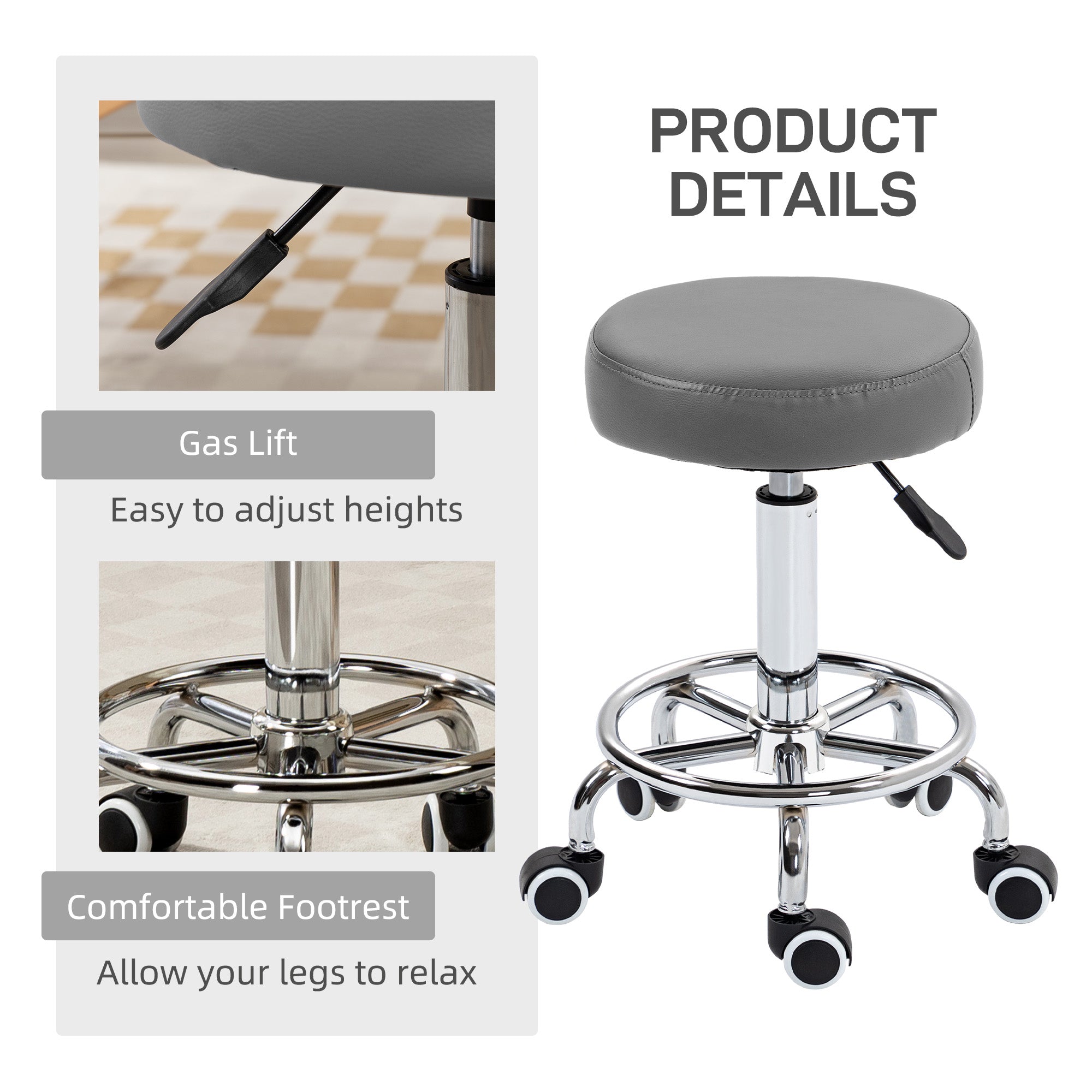 Vinsetto PU Leather Rolling Stool, Height Adjustable Stool Chair with Wheels for Salon, Massage, Spa, Grey - North Peak Garden Furniture