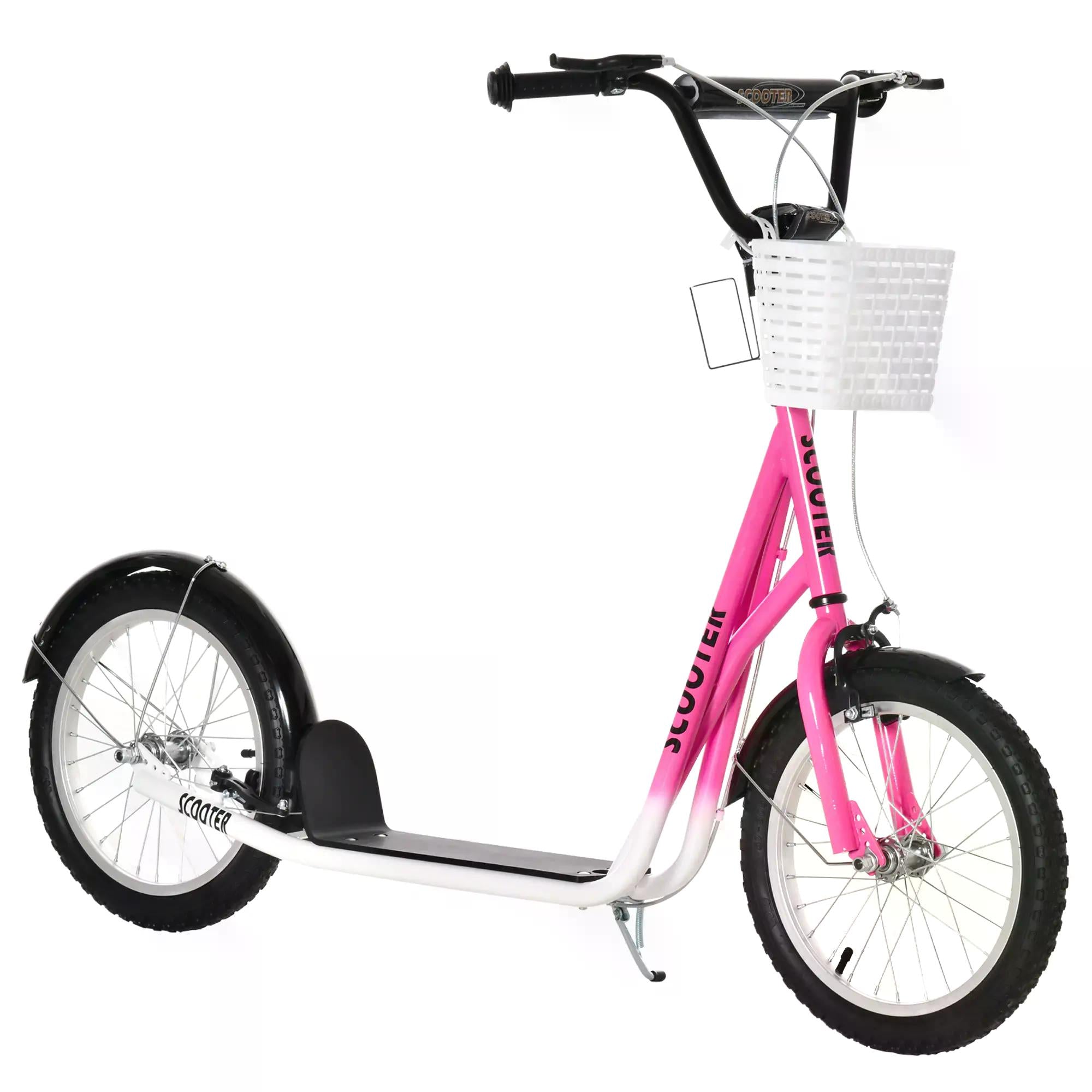 HOMCOM Kids Scooter Teen Ride On Children Scooter with Adjustable Handlebar 2 Brakes Basket Cupholder Mudguard 16" Inflatable Rubber Tyres for 5-12 years old Pink