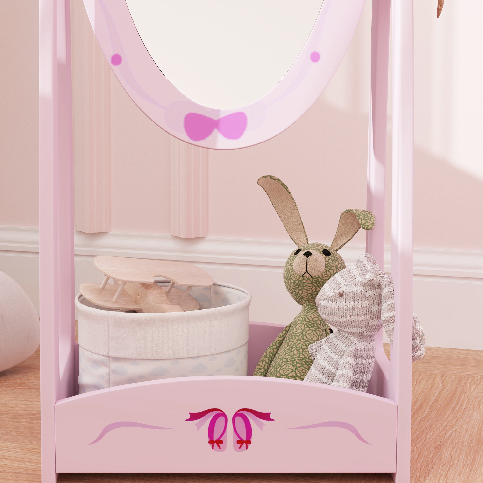 AIYAPLAY Kids Full Length Mirror, 360° Rotating Children Standing Mirror with Storage Shelf, Pink