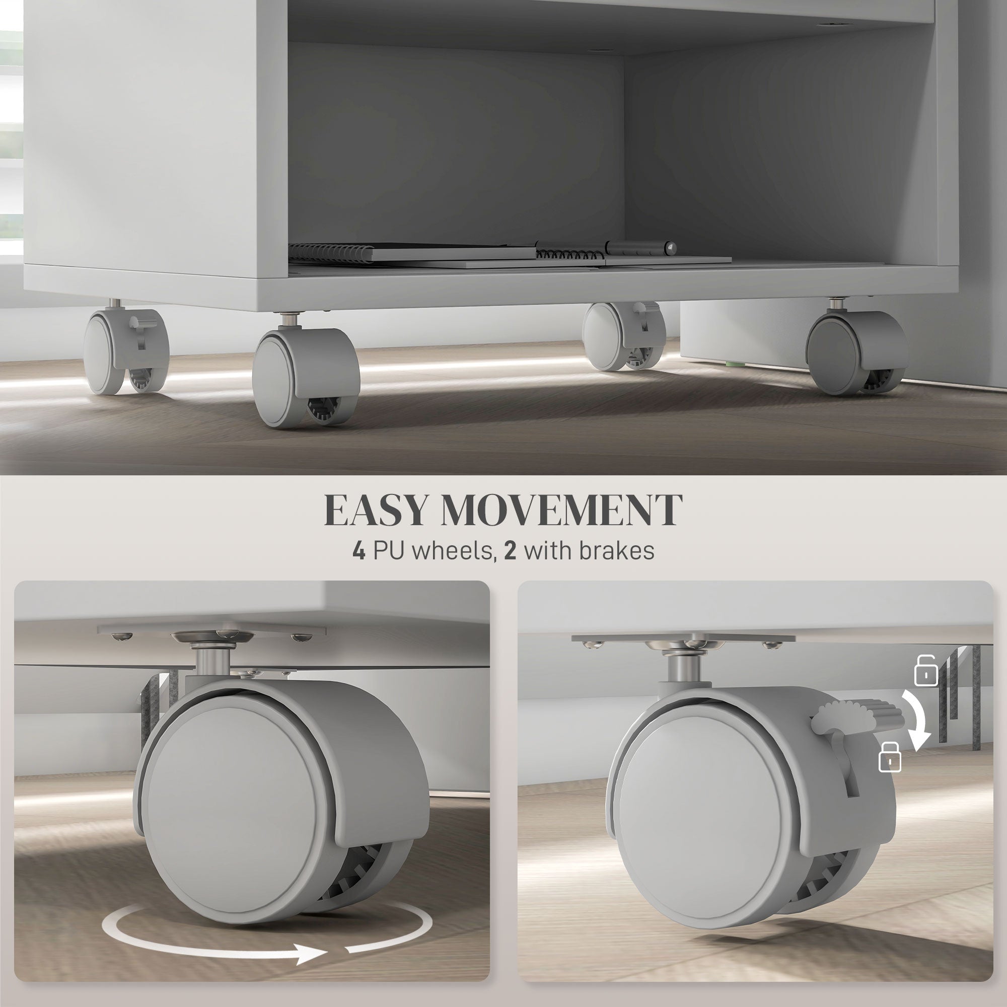 HOMCOM Three-Compartment Printer Cabinet, with Wheels - White - North Peak Garden Furniture