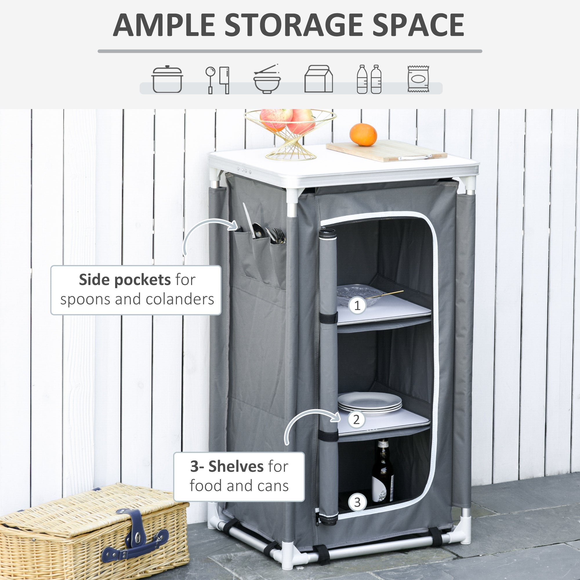 Outsunny 3-Shelf Camping Cupboard Camping Kitchen Station Cook Table, Storage Organiser for BBQ Party Picnics Backyards with Carrying Bag, Grey - North Peak Garden Furniture