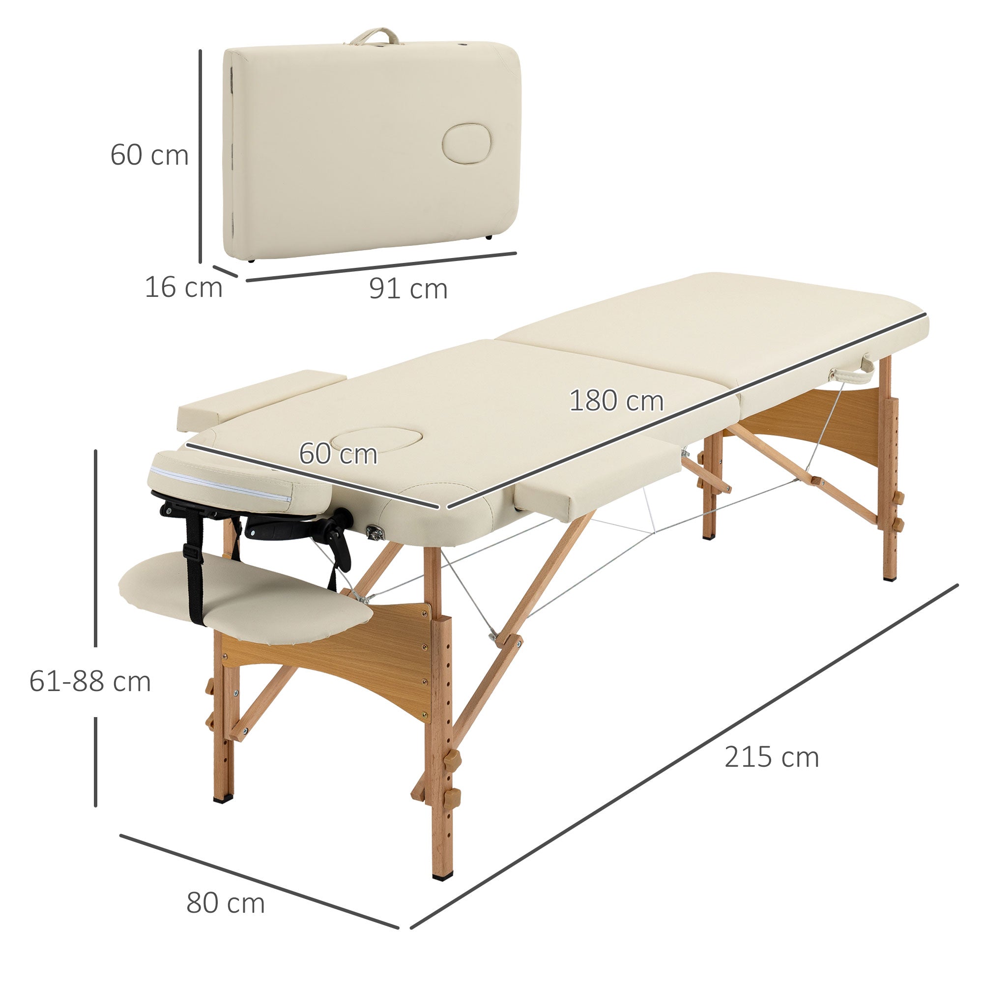 HOMCOM Portable Massage Bed, Folding Spa Beauty Massage Table with 2 Sections, Carry Bag and Wooden Frame, Cream - North Peak Garden Furniture