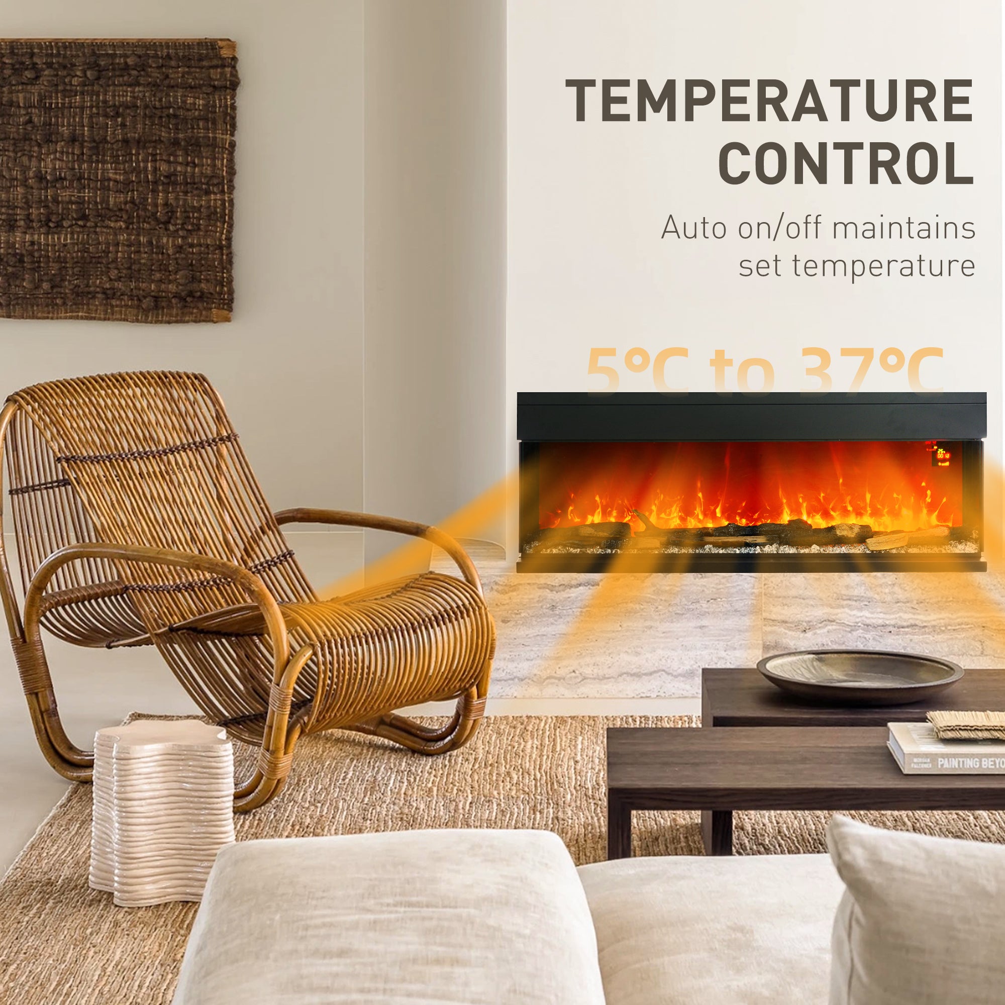 HOMCOM 1800W 15-40℃ Adjustable Flame Glass Panel Convector Heater, 127cm - North Peak Garden Furniture