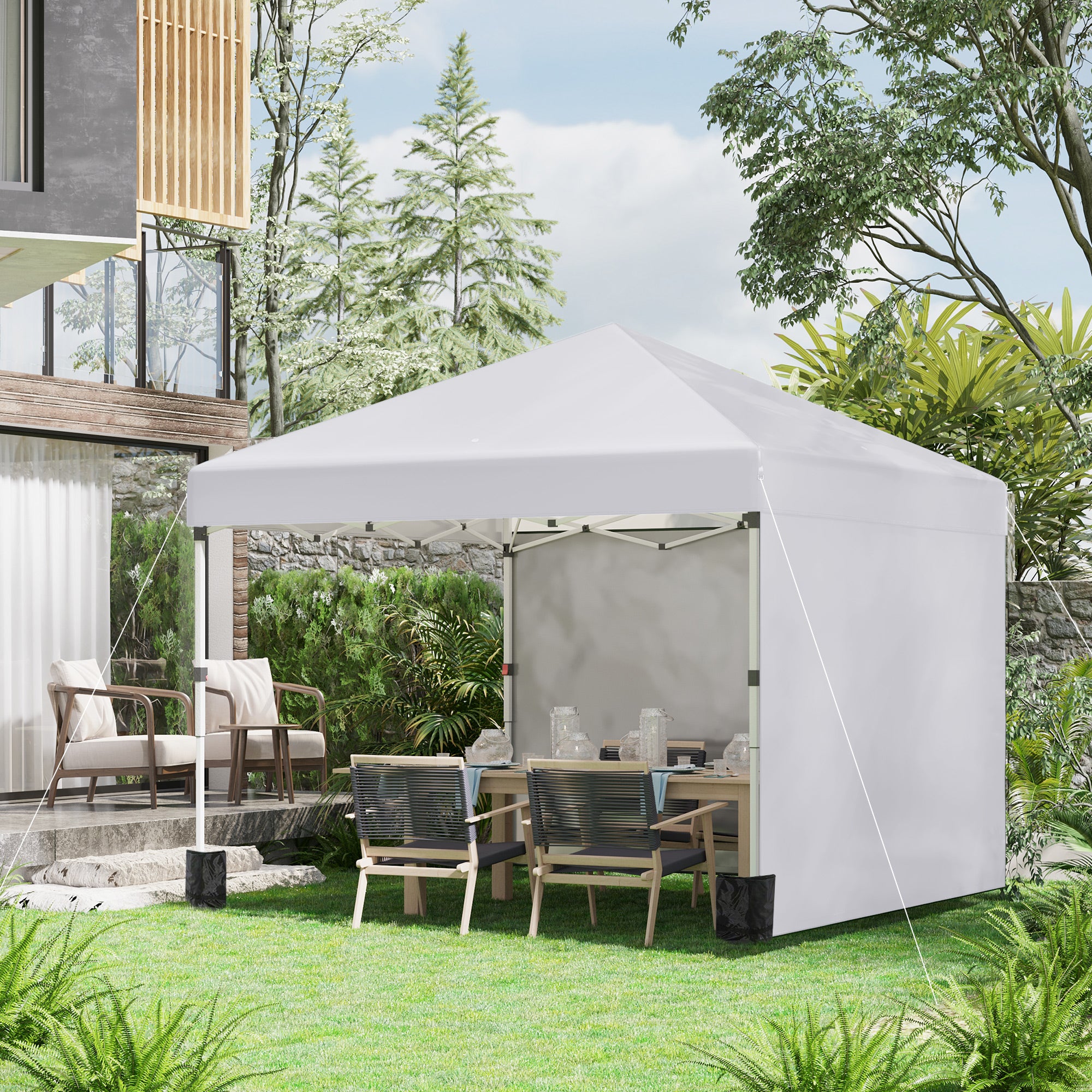 Outsunny 3 x 3 (M) Pop Up Gazebo, UPF 30+ with 2 Sidewalls, Leg Weight Bags and Wheeled Bag, Height Adjustable Party Tent Event Shelter for Garden, Patio, White