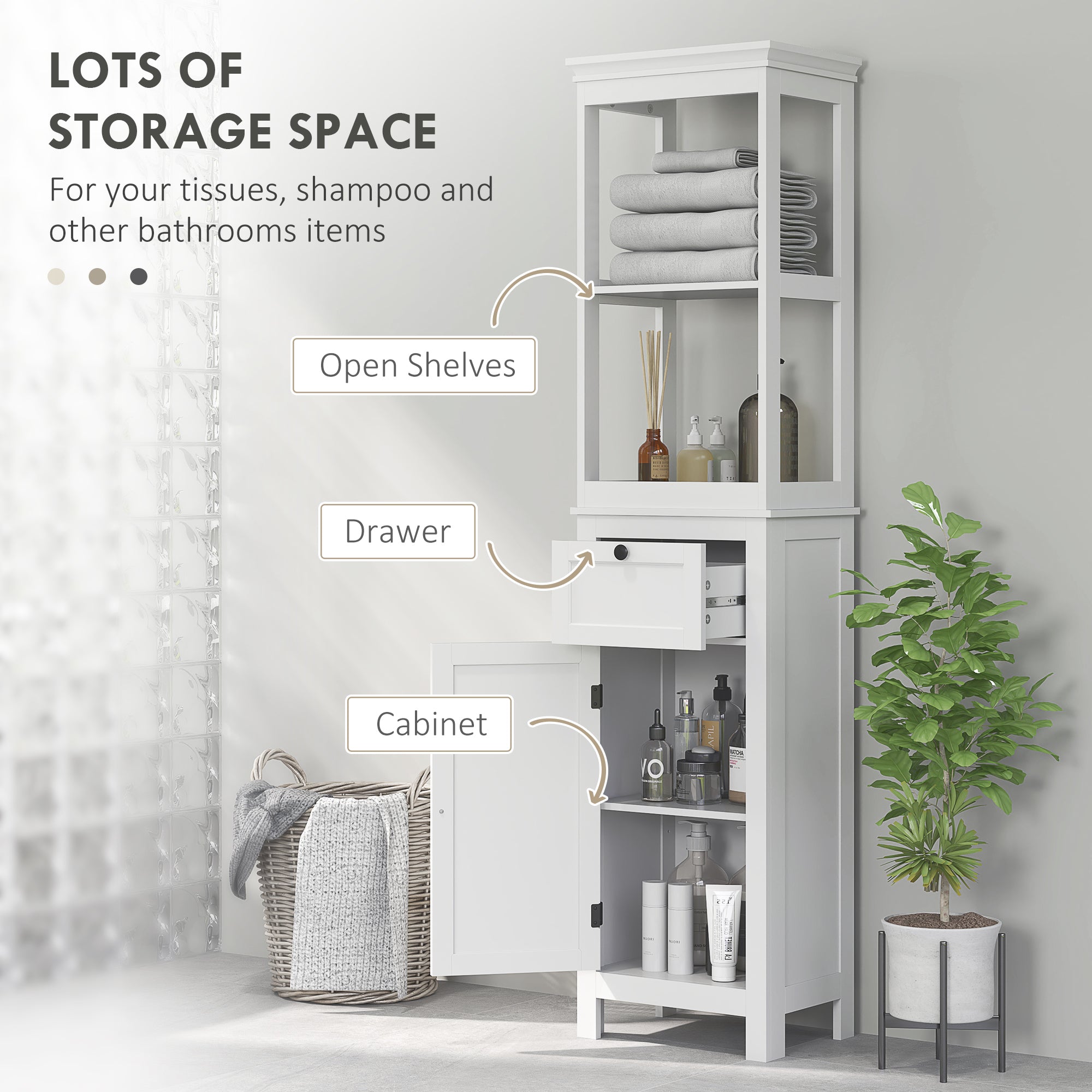 HOMCOM Tall Bathroom Cabinet, Slim Bathroom Storage Cabinet with 2 Open Shelves, Soft Close Door and Drawer, Adjustable Shelf, Narrow Cupboard Storage Unit, White - North Peak Garden Furniture