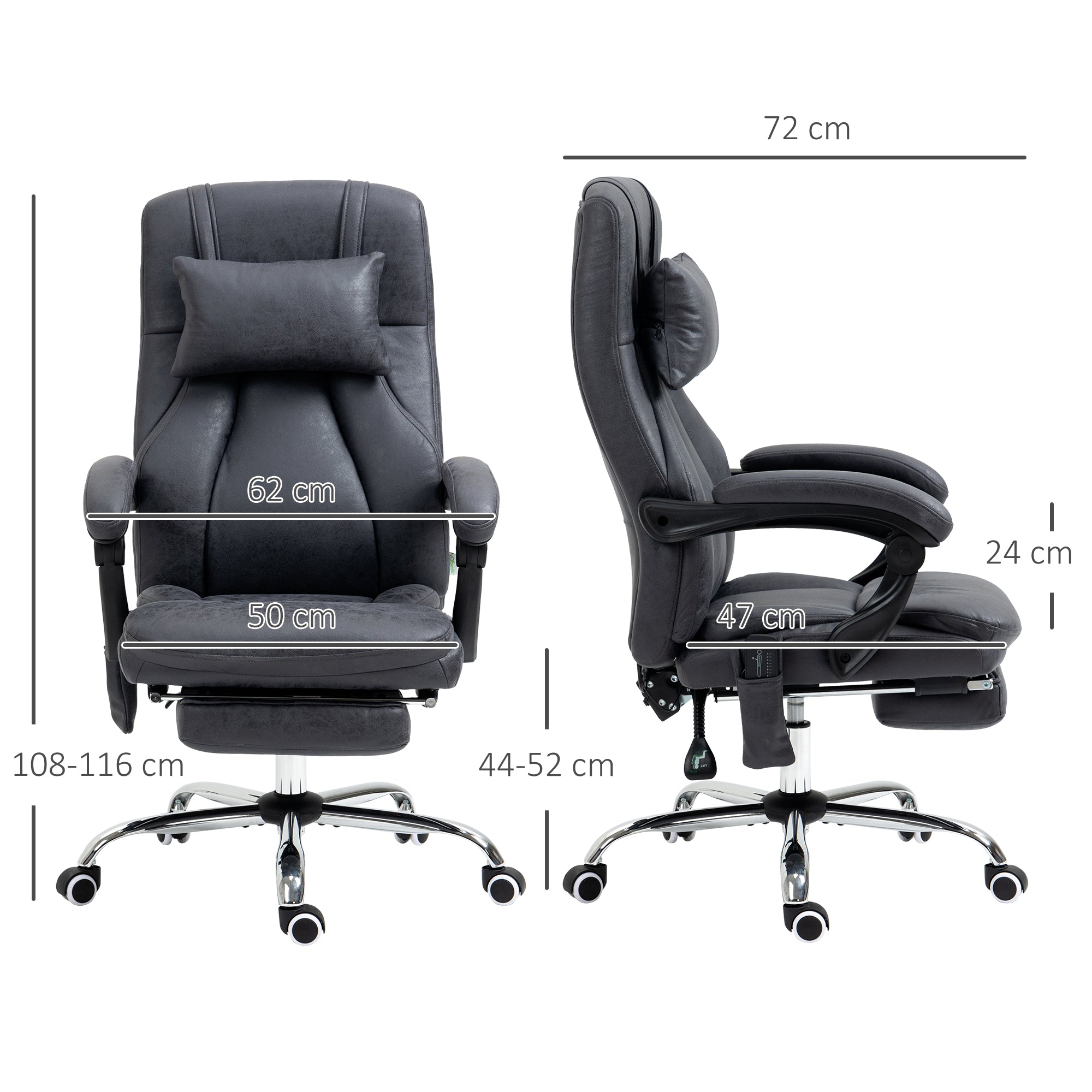 Vinsetto Office Chair with Lumbar Massage, 135° Reclining Computer Chair with Adjustable Headrest, Retractable Footrest, 10cm Double Padded Seat, Microfiber Fabric, Metal Base, Dark Grey - North Peak Garden Furniture