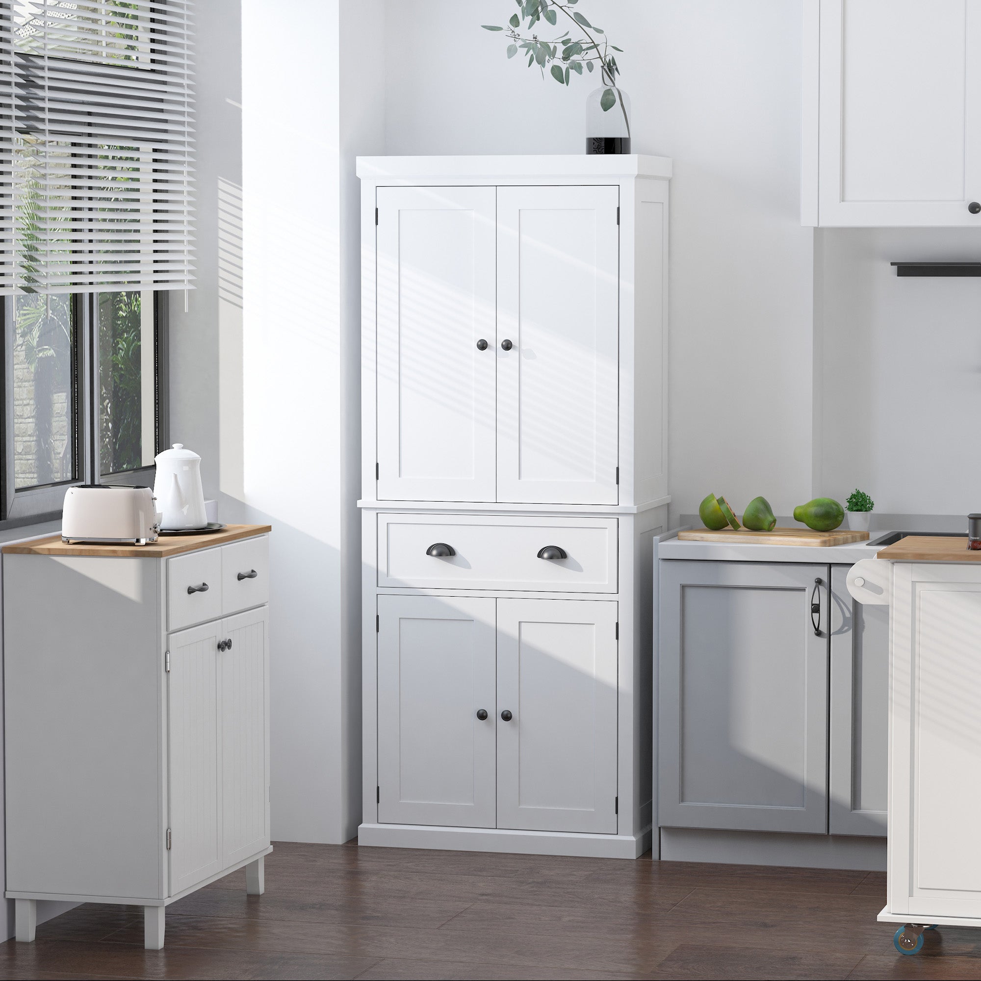 HOMCOM Freestanding Kitchen Cupboard, 184cm Tall Storage Cabinet with Doors and Shelves, Traditional Colonial 4-Door Kitchen Pantry Cupboard with Drawer, White - North Peak Garden Furniture