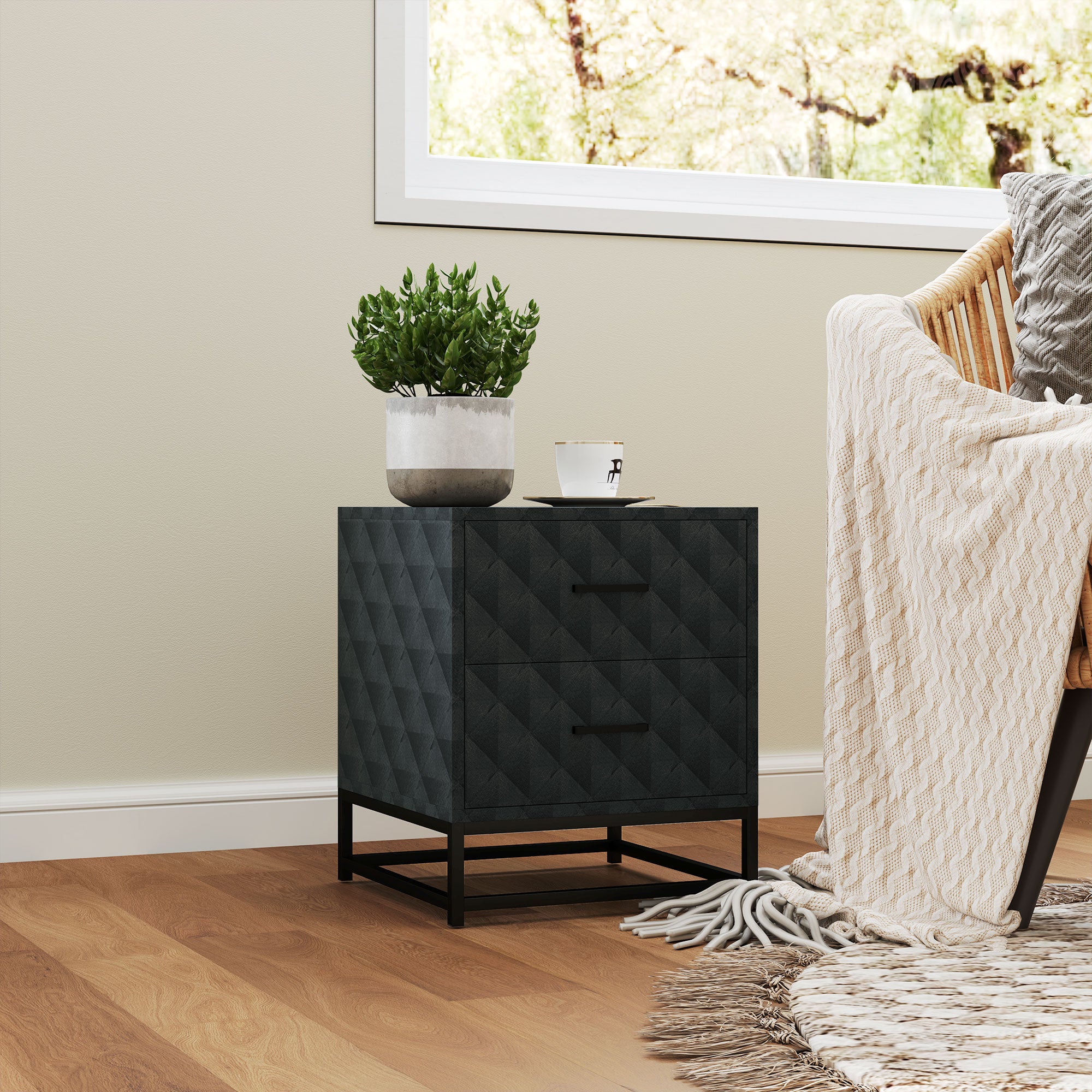 HOMCOM Bedside Tables Set of 2, Modern Bedside Table Nightstand with 2 Drawers, Bedside Cabinet Sofa Side Table with Storage, Steel Legs for Bedroom, Living Room, Black - North Peak Garden Furniture