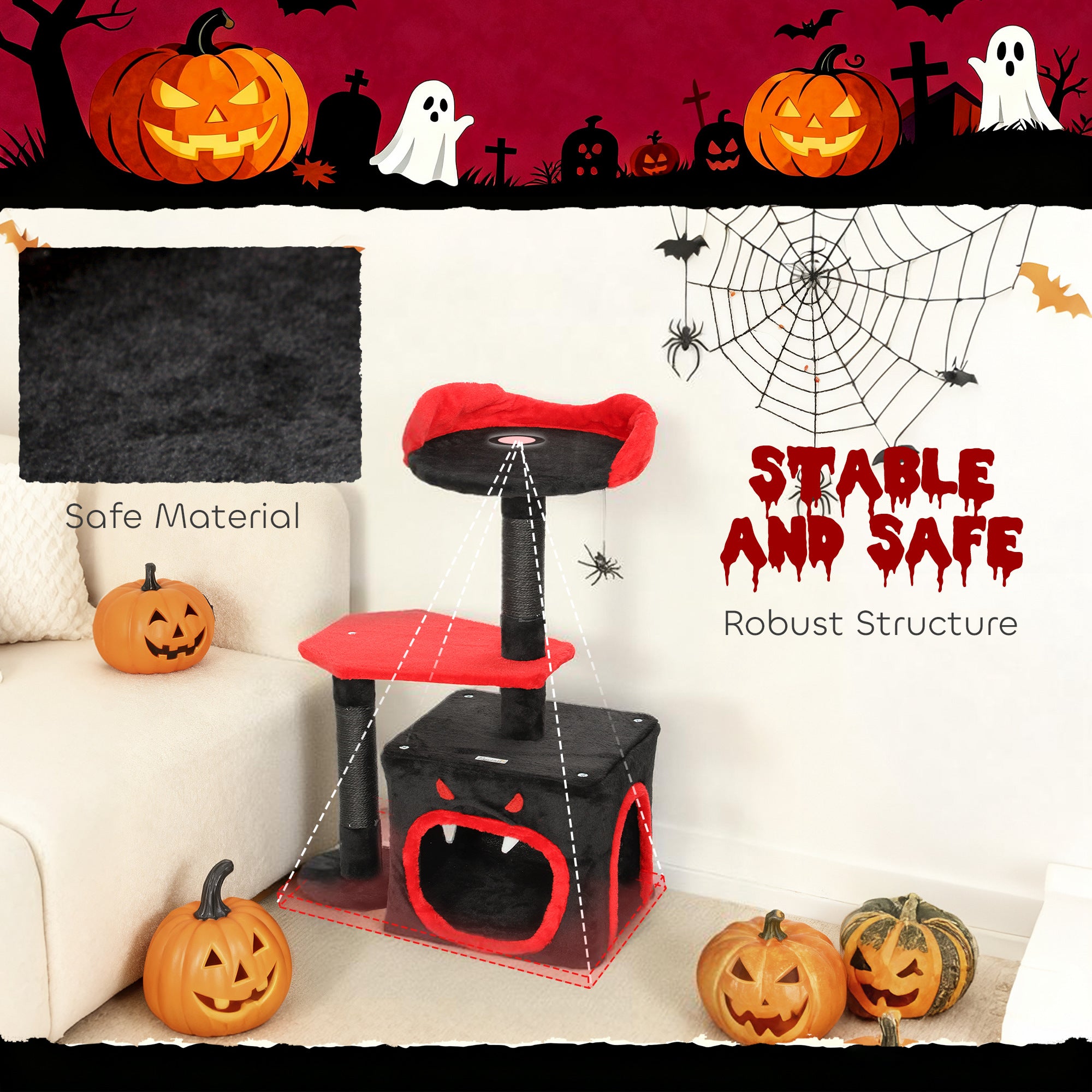 PawHut Cat Tree, Gothic Cat Tower with Scratching Posts, Cute Condo, Coffin Platform, Bed and Spider Toy, Halloween