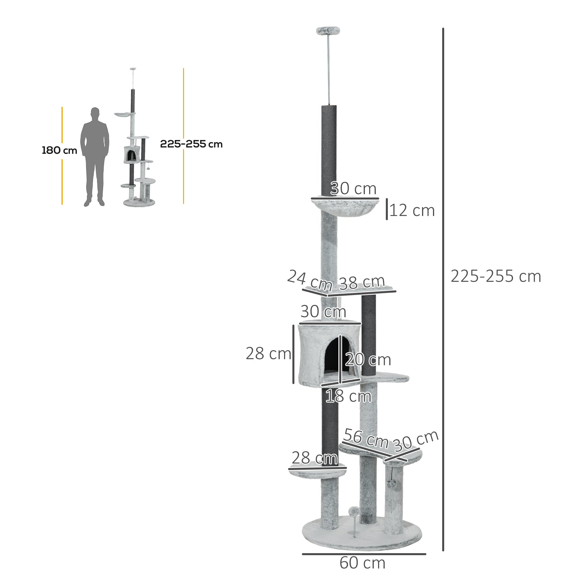 PawHut 255cm Floor to Ceiling Cat Tree with Scratching Posts, Height Adjustable Cat Tower with Hammock, House, Anti-tipping Kit, Perches, Toys, Grey - North Peak Garden Furniture