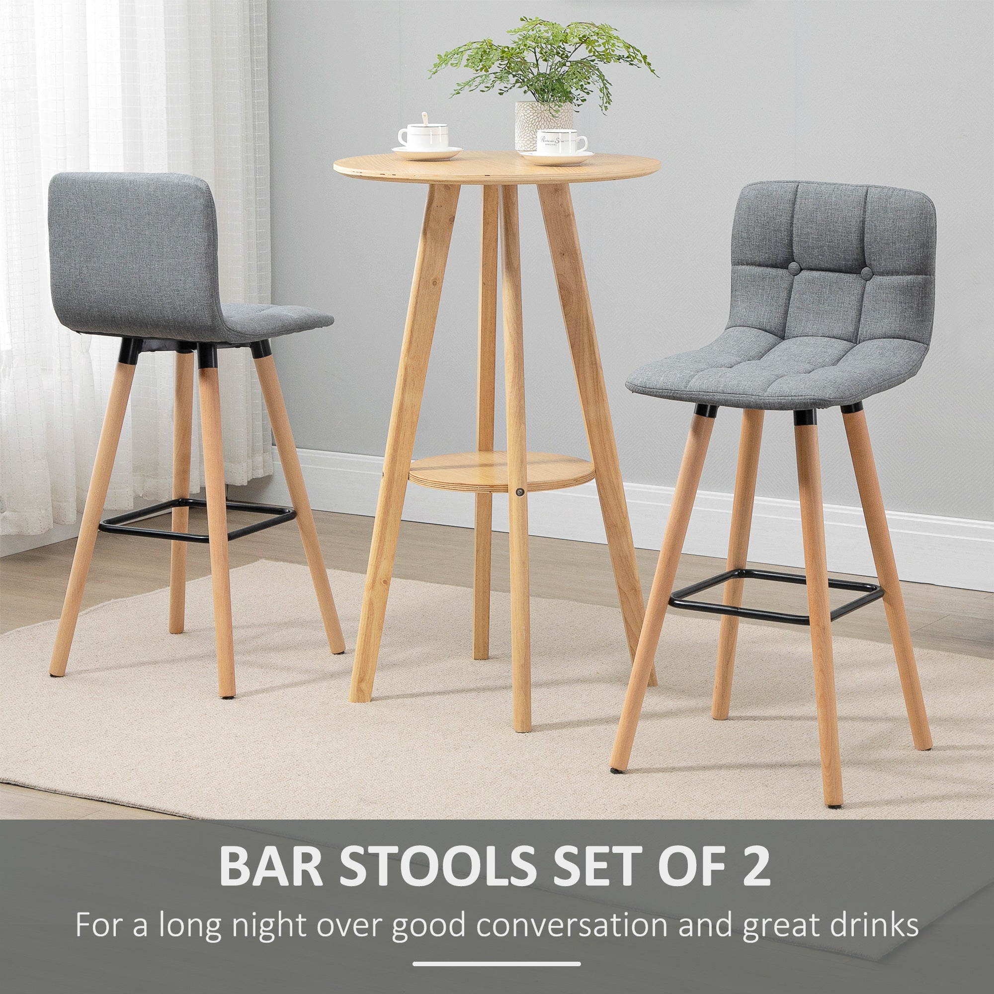 HOMCOM Bar stool Set of 2 Armless Button-Tufted Counter Height Bar Chairs with Wood Legs & Footrest, Grey - North Peak Garden Furniture