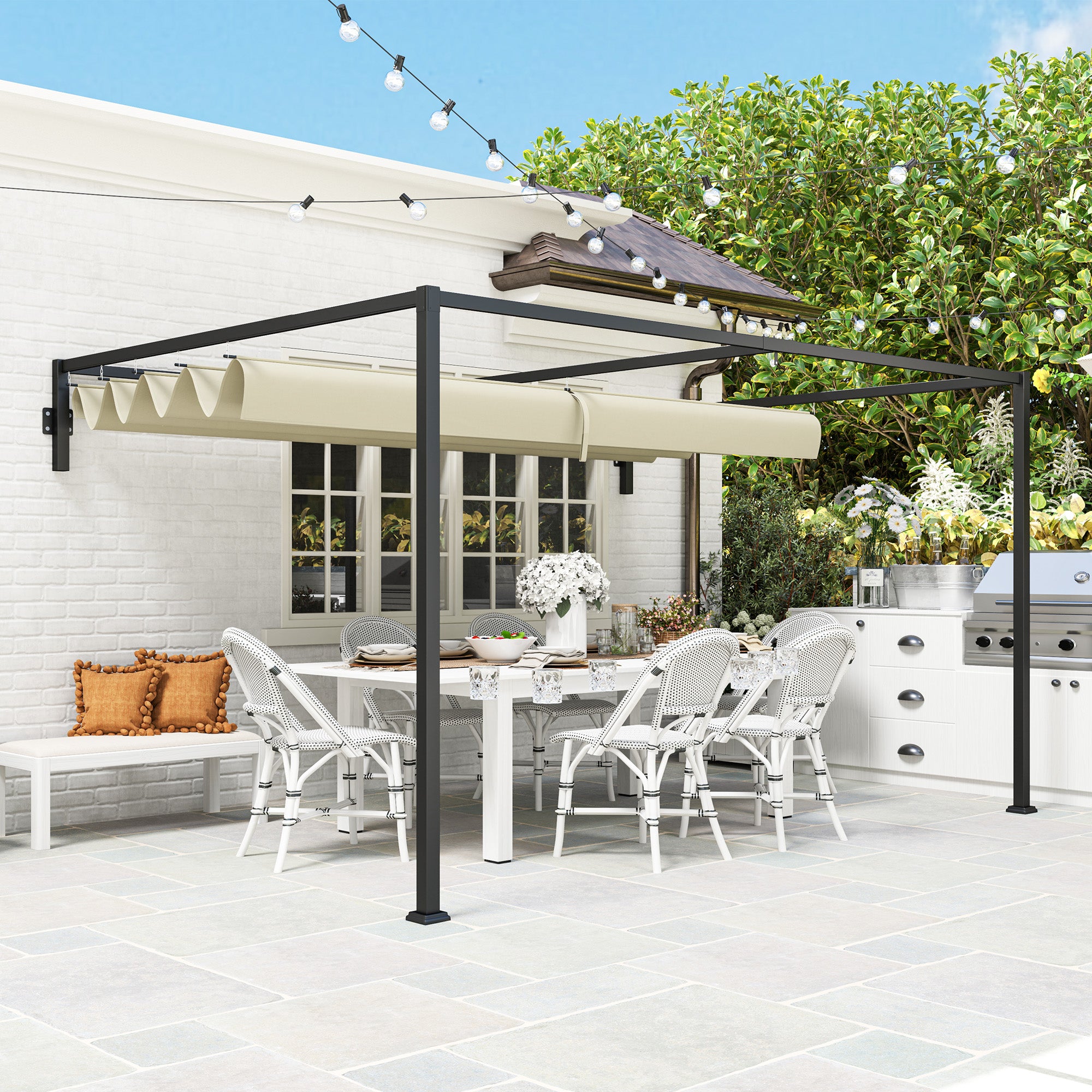 Outsunny 3 x 4m Steel Pergola, with Retractable Canopy - Khaki - North Peak Garden Furniture