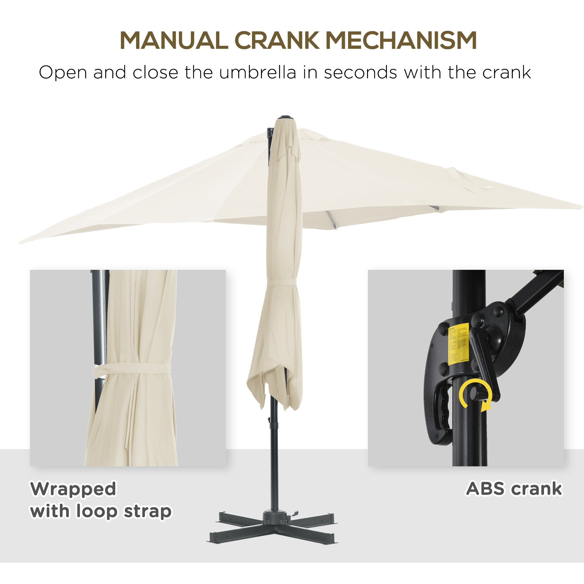 Outsunny 2.5 x 2.5m Patio Offset Parasol Umbrella Cantilever Hanging Aluminium Sun Shade Canopy Shelter 360° Rotation with Crank Handle and Cross Base, Cream White