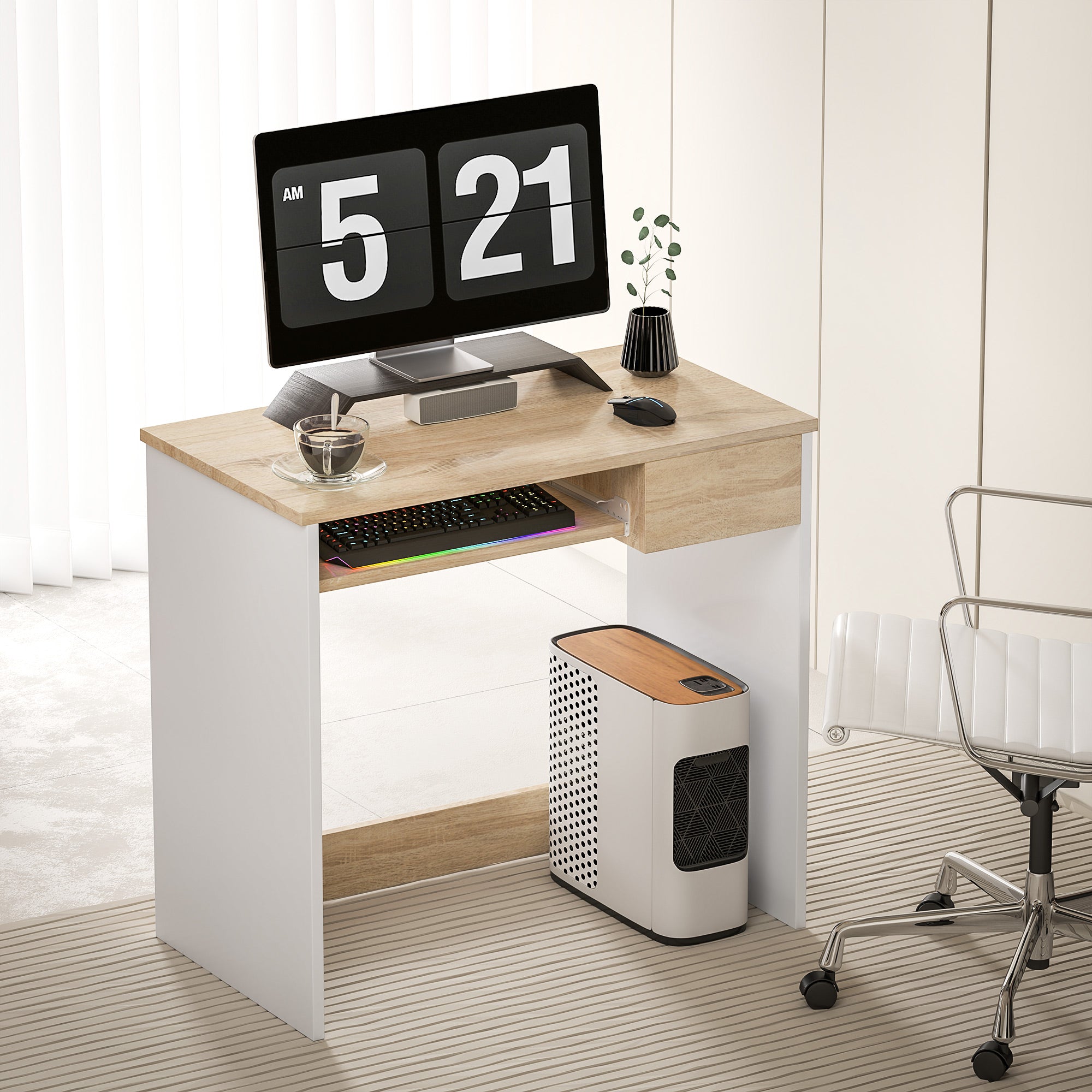 HOMCOM Compact Computer Table with Keyboard Tray Drawer Study Office Working Writing Desk, Oak Colour - North Peak Garden Furniture