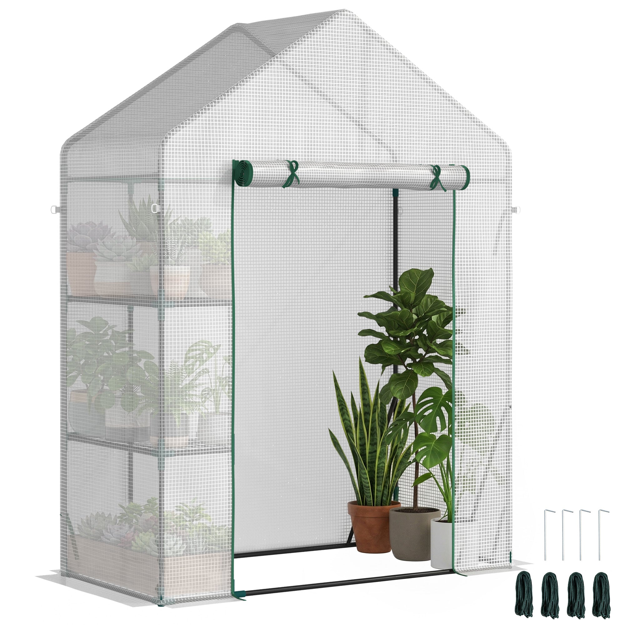 Outsunny Greenhouse for Outdoor, Portable Gardening Plant Grow House with 2 Tier Shelf, Roll-Up Zippered Door, PE Cover, 143 x 73 x 195cm, Green