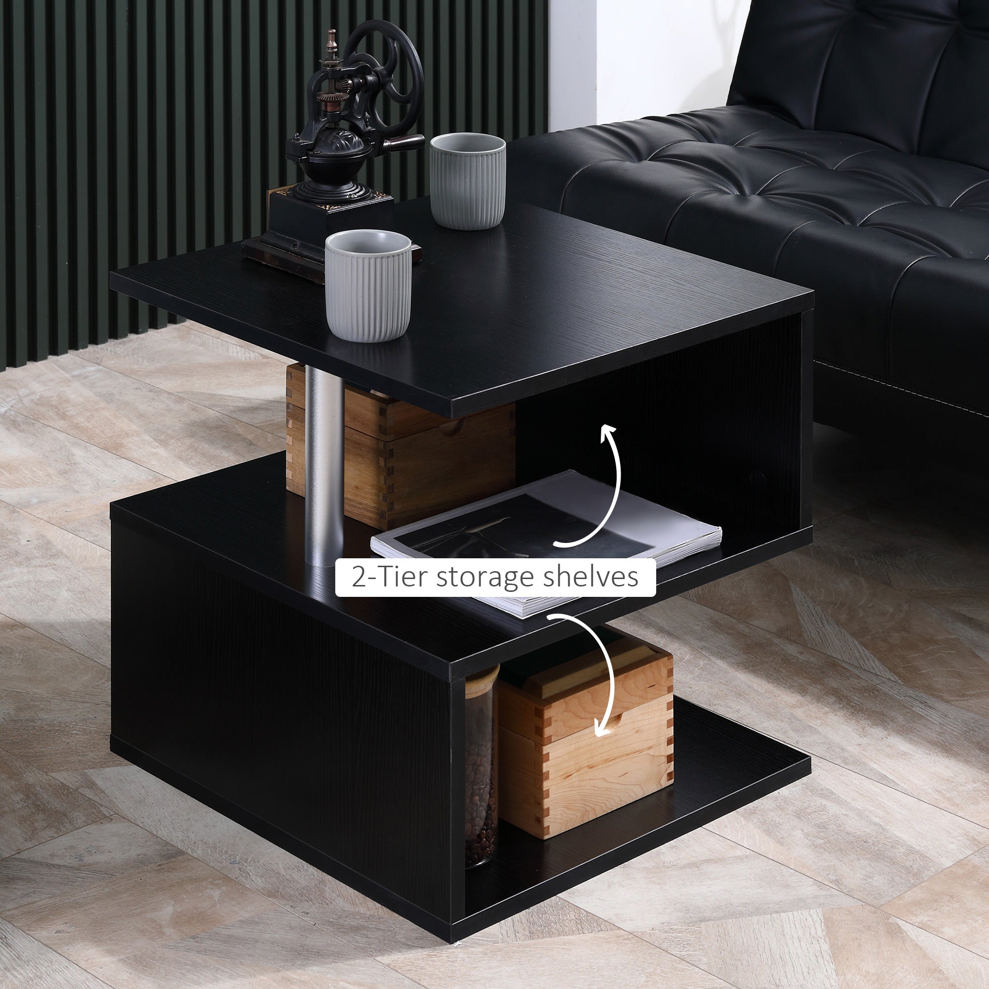 HOMCOM Wooden S Shape Cube Coffee Table 2 Tier Storage Shelves Organizer Office Bookcase Living Room End Desk Stand Display (Black) - North Peak Garden Furniture