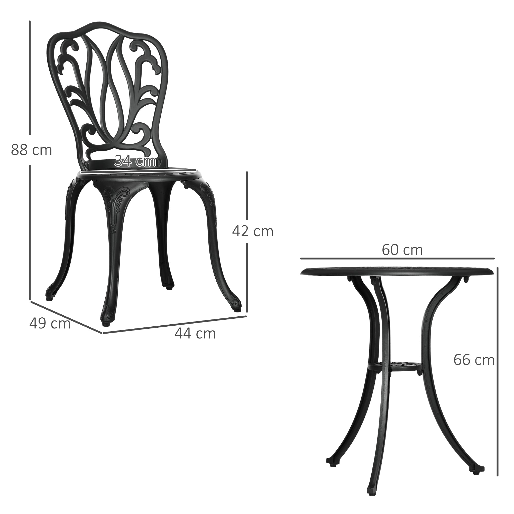 Outsunny 3 Piece Garden Bistro Set, Cast Aluminium Outdoor Furniture Set with Umbrella Hole for Balcony, Porch, Patio, Black - North Peak Garden Furniture