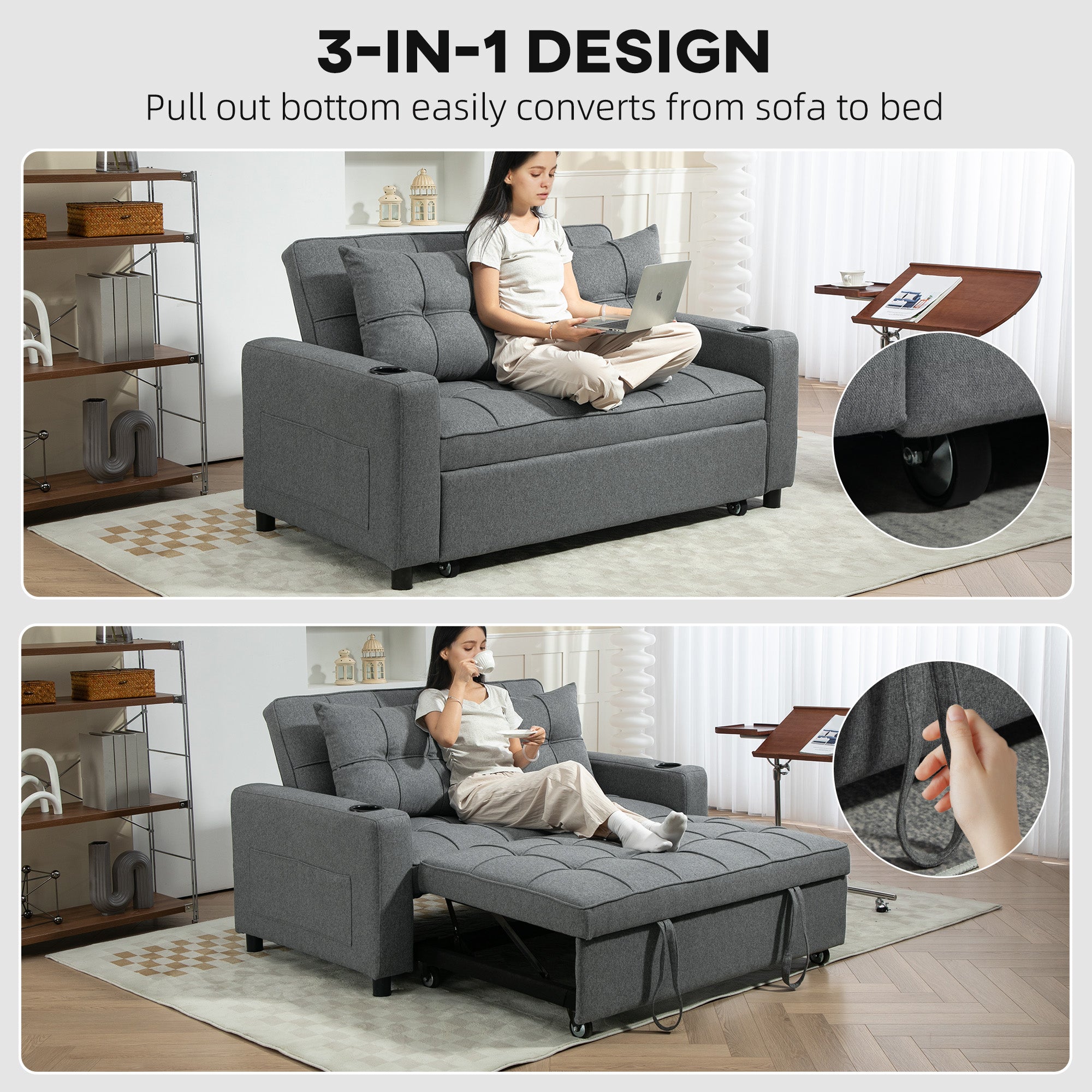 HOMCOM Two-Seater Pull-Out Sofa Bed - Charcoal Grey - North Peak Garden Furniture