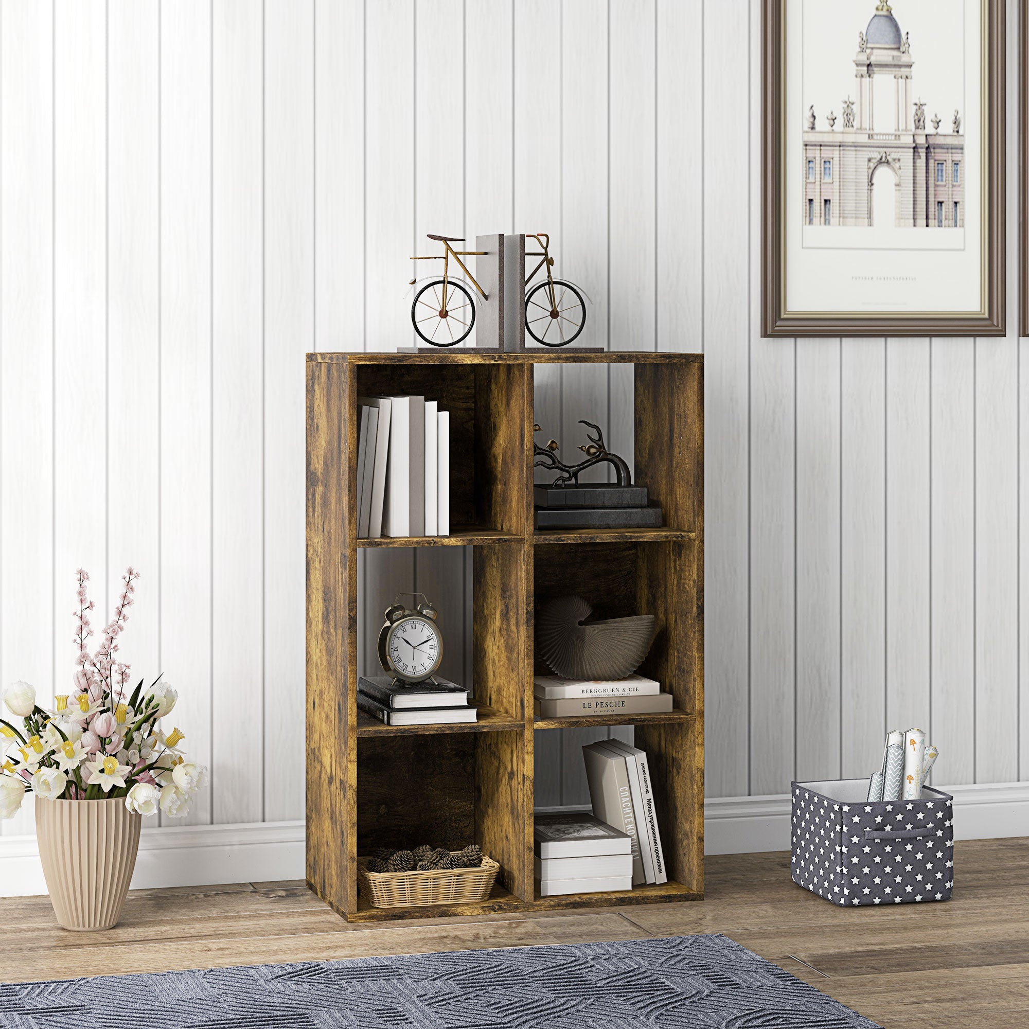 HOMCOM 3-tier 6 Cubes Storage Unit Particle Board Cabinet Bookcase Organiser Home Office Shelves Rustic Brown - North Peak Garden Furniture
