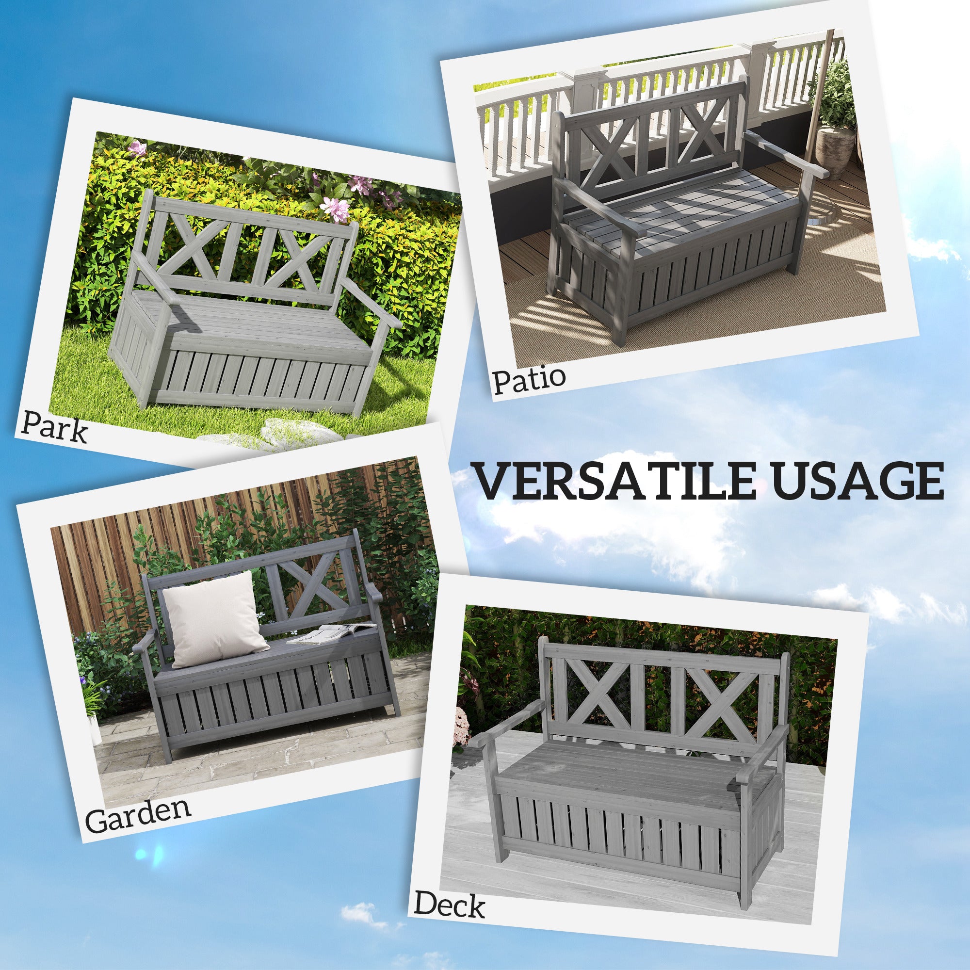 Outsunny 2-Seater Garden Storage Bench for Patio Wood Porch Decor Outdoor Seating, Charcoal Grey - North Peak Garden Furniture