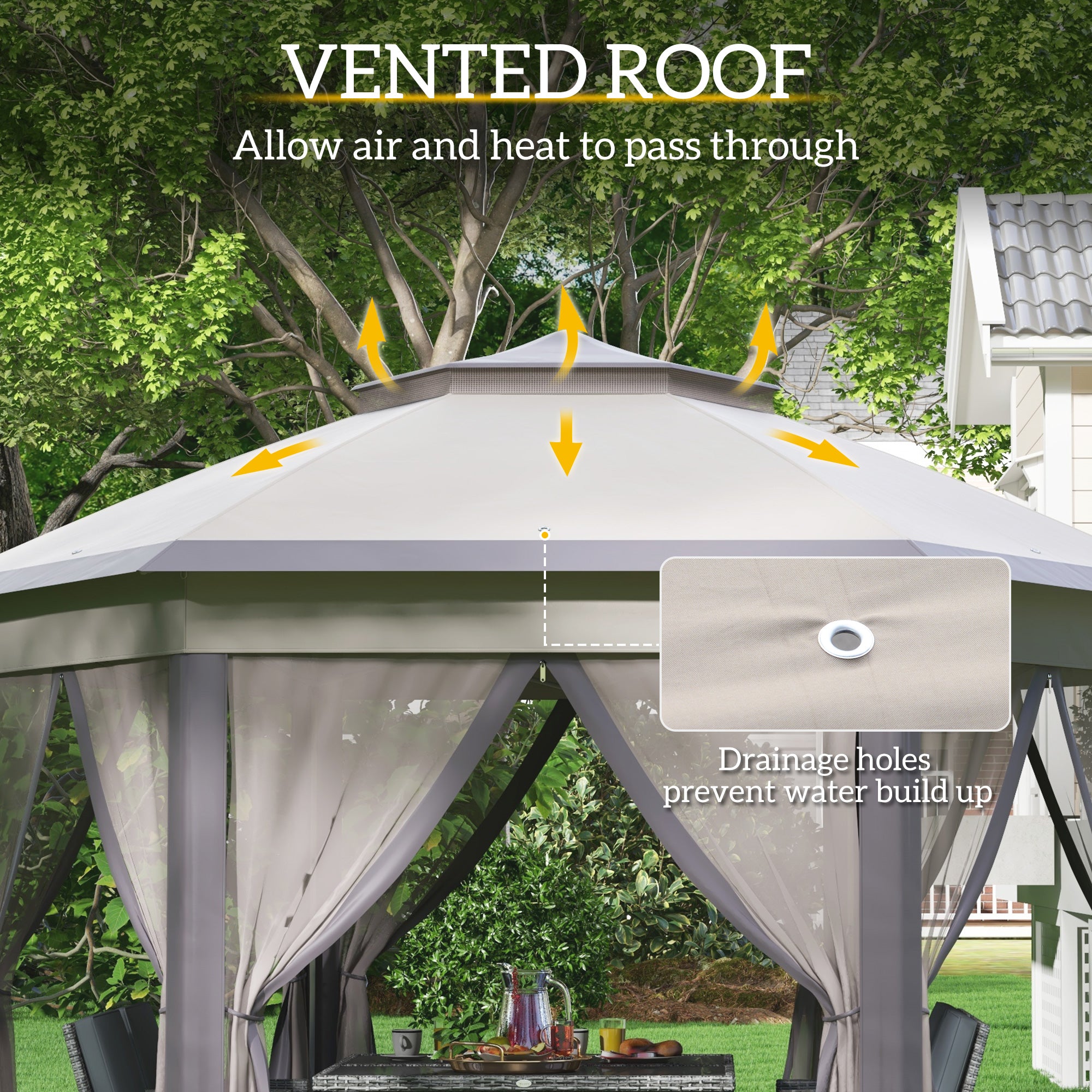 Outsunny Hexagon Garden Gazebo Pop Up Gazebo Outdoor Patio Double Roof Instant Shelter with Netting, 3 x 4m, Beige - North Peak Garden Furniture