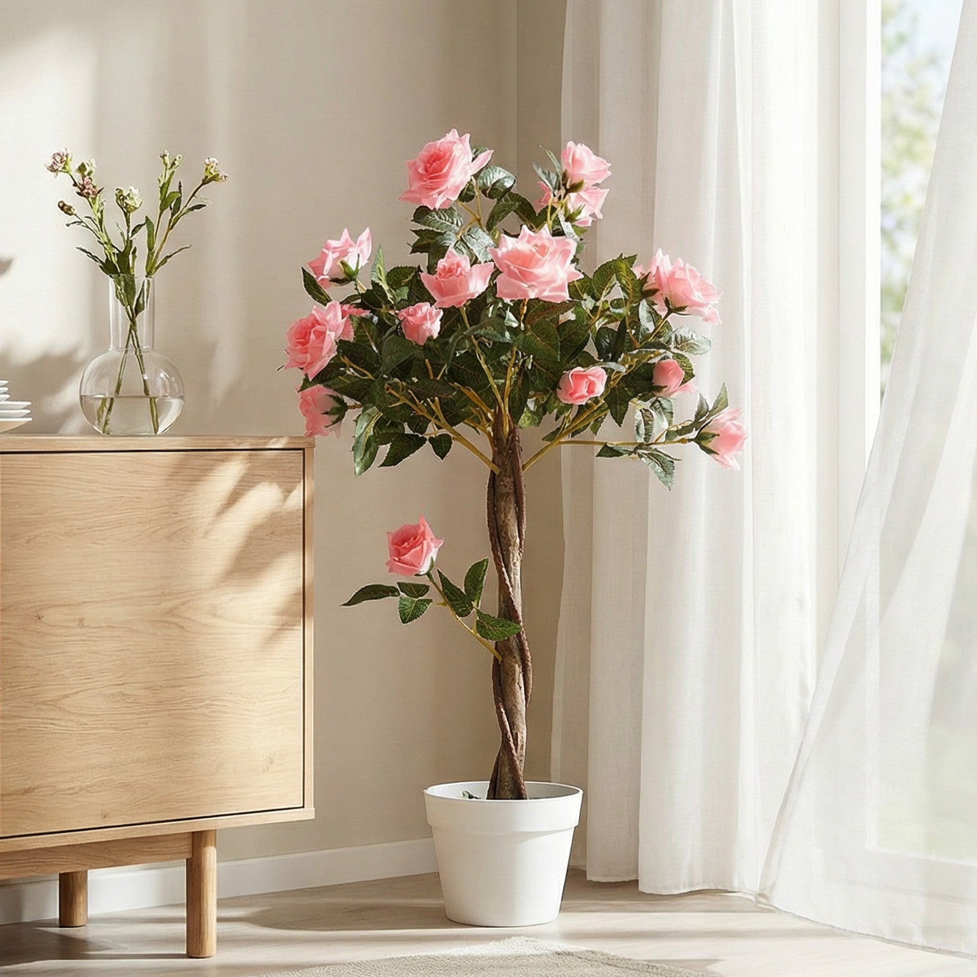 Outsunny Artificial Plants Pink Rose Floral in Pot, Fake Plants for Home Indoor Outdoor Decor, 90cm