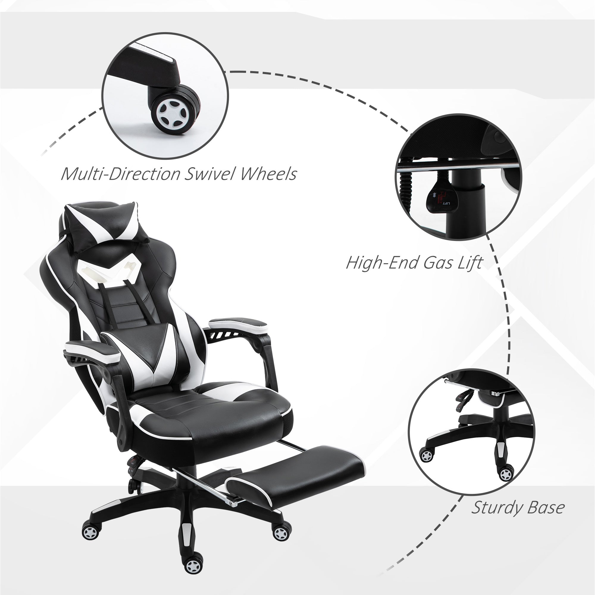 Vinsetto Computer Gaming Chair, Racing Desk Chair with Lumbar Support and Footrest, PU Leather Gamer Chair with Headrest and Swivel Wheels for Home, White - North Peak Garden Furniture